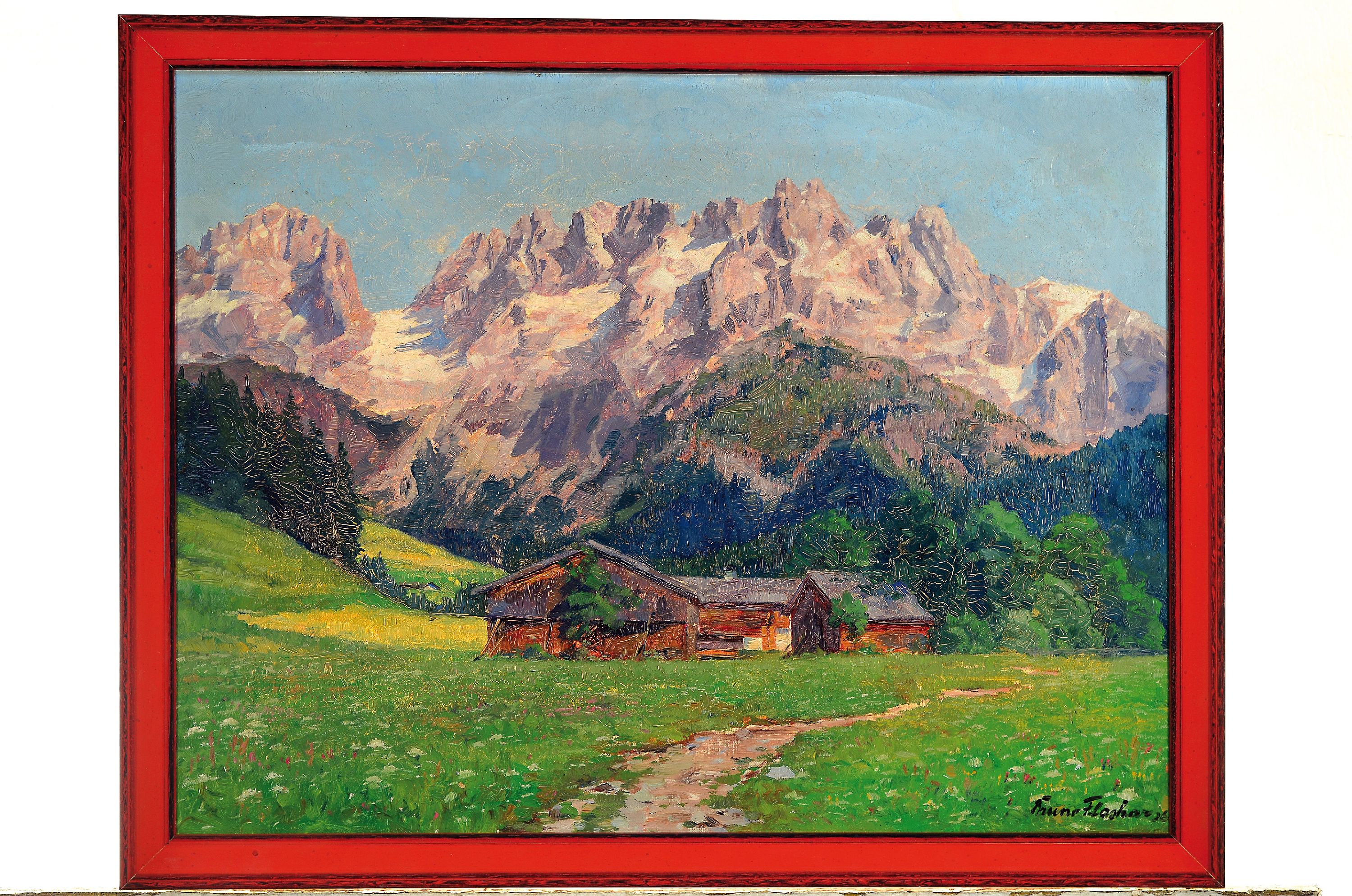 Detail k: Bruno Flashar, 1887 - 1961 München, Alpenlandschaft, Alm mit Blick auf die Berge, Öl/Lwd, signiert und dat. 26, 59 x 45 cm, Rahmen ca. 50 x 64 cm