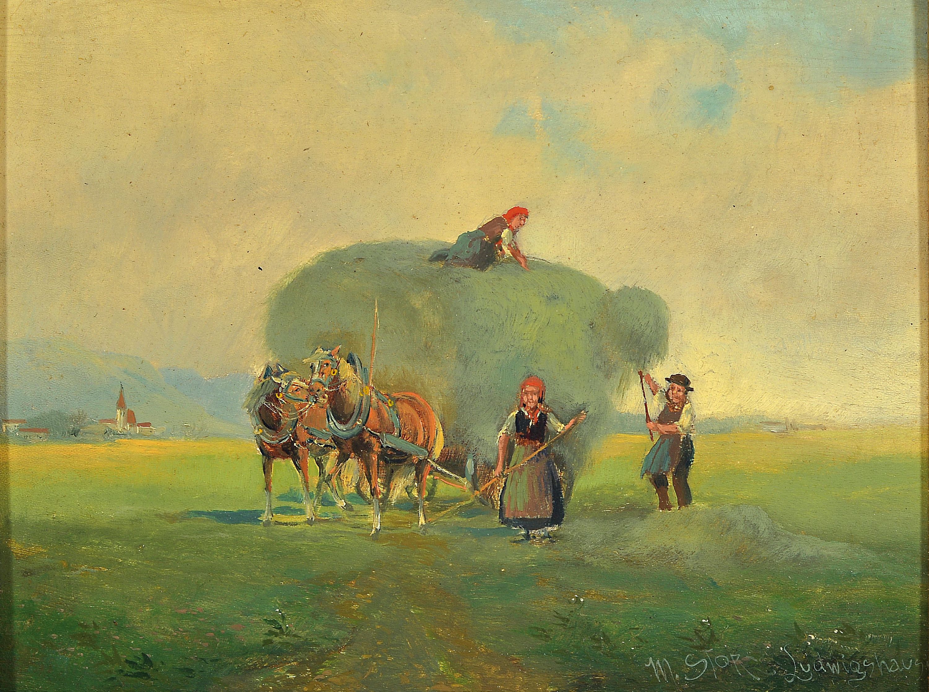 Detail a: M. Storz, Ludwigshausen, um 1900, zwei Ernteszenen, Heuwagen mit Erntehelfern, Öl/Holzplatte, beide signiert, ca. 15.5 x 21 cm, passend gerahmt ...