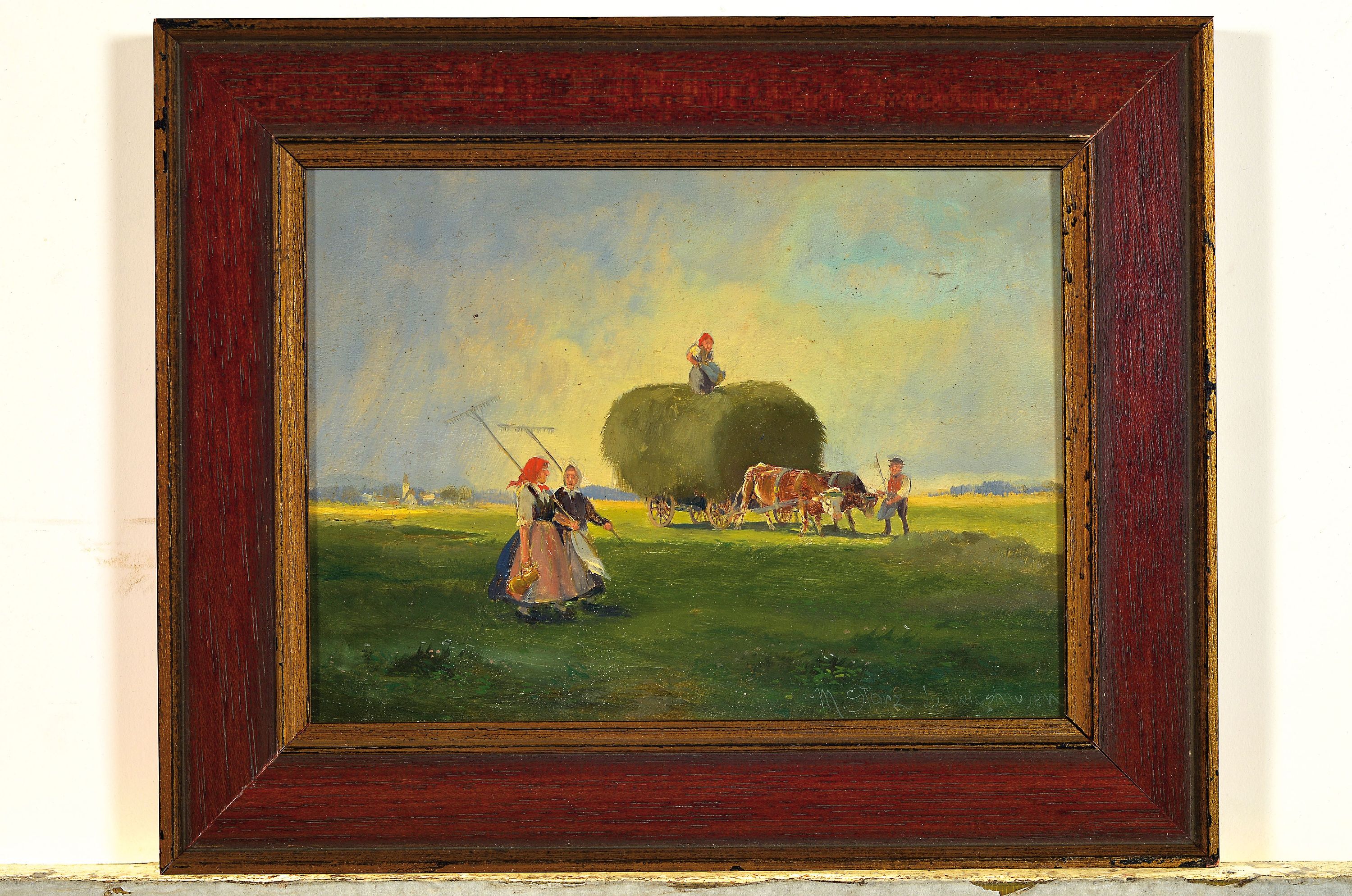 Detail k: M. Storz, Ludwigshausen, um 1900, zwei Ernteszenen, Heuwagen mit Erntehelfern, Öl/Holzplatte, beide signiert, ca. 15.5 x 21 cm, passend gerahmt ...