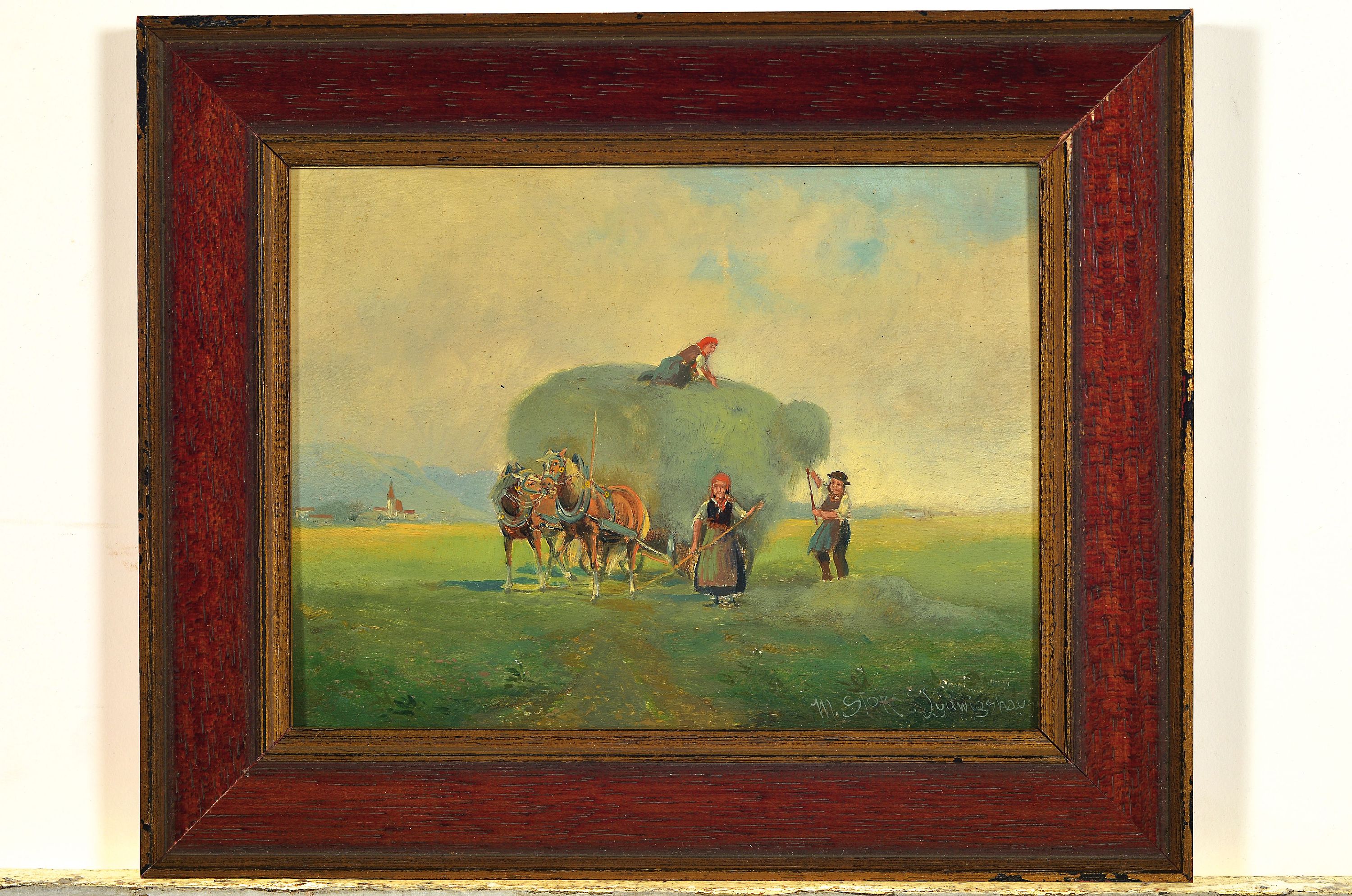 Detail l: M. Storz, Ludwigshausen, um 1900, zwei Ernteszenen, Heuwagen mit Erntehelfern, Öl/Holzplatte, beide signiert, ca. 15.5 x 21 cm, passend gerahmt ...