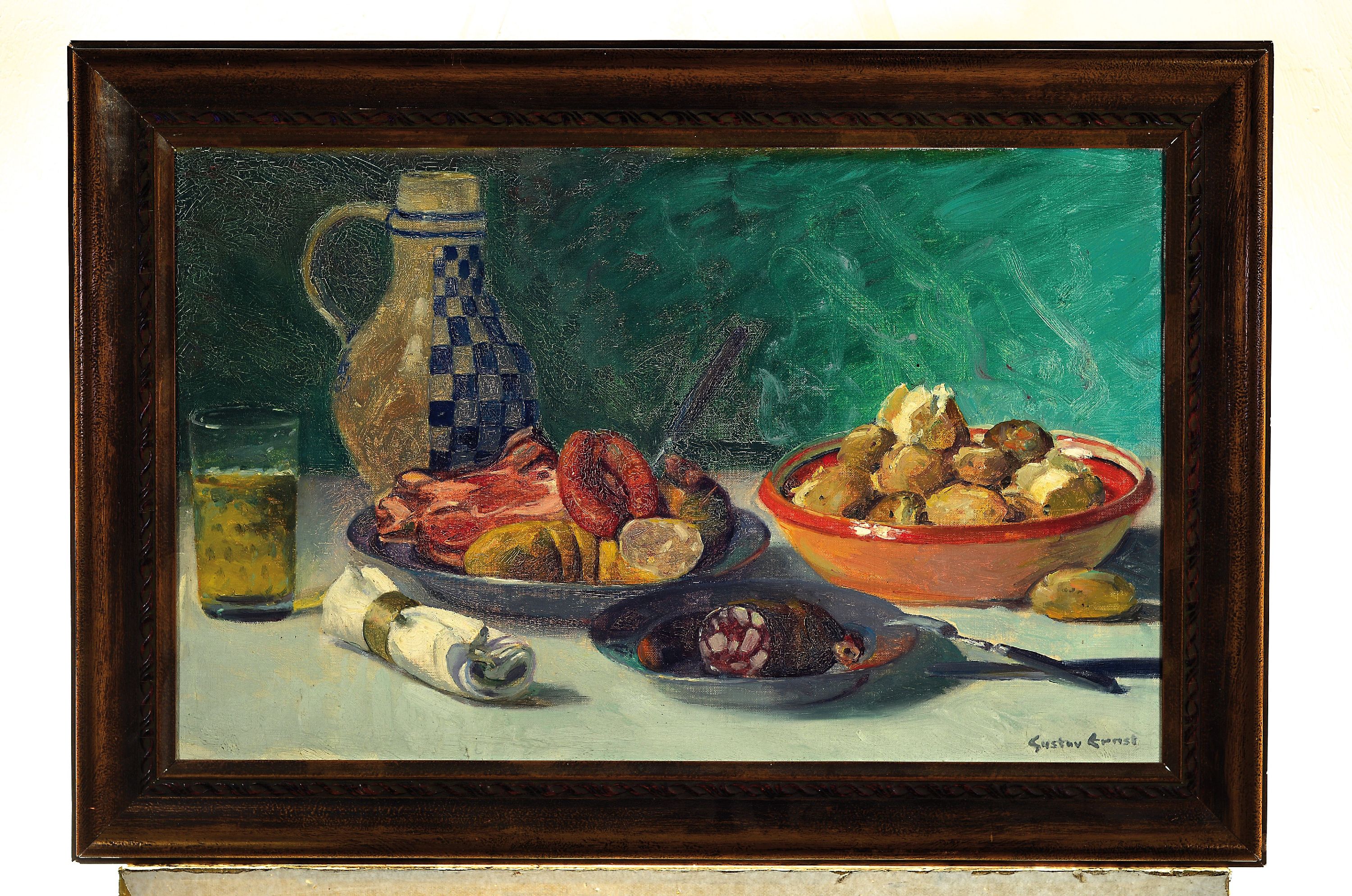 Detail k: Gustav Ernst 1858 - 1945 Bad Dürkheim, Pfälzer Stillleben, Hausmacher, Kartoffeln und Wein, Öl/Lwd., ca. 44 x 70 cm, Rahmen ca.57.5 x 84 cm