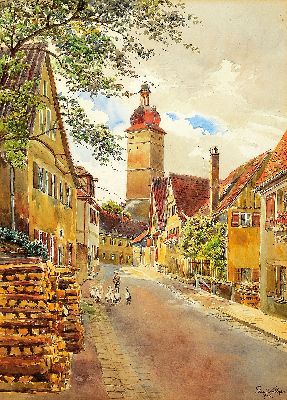 Image 26942347 - Peter Woltze, 1860 - 1925 Weimar, zwei Aquarelle, Dorfstraße mit Gänsen und ...