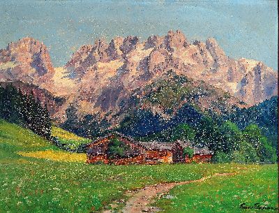 Image 26942348 - Bruno Flashar, 1887 - 1961 München, Alpenlandschaft, Alm mit Blick auf die Berge, ...