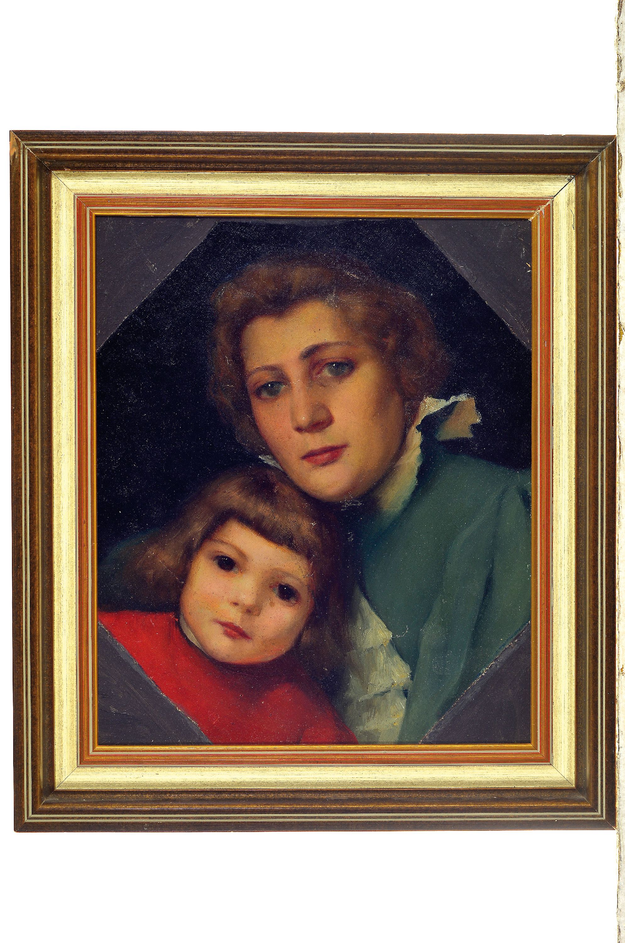 Detail k: Zuschreibung Prof. Ludwig von Zumbusch, 1861 - 1927 München, Porträt Mutter mit Kind, unsigniert, rückseitig bezeichnet, Öl/Karton, ca. 38 x 30.5 ...