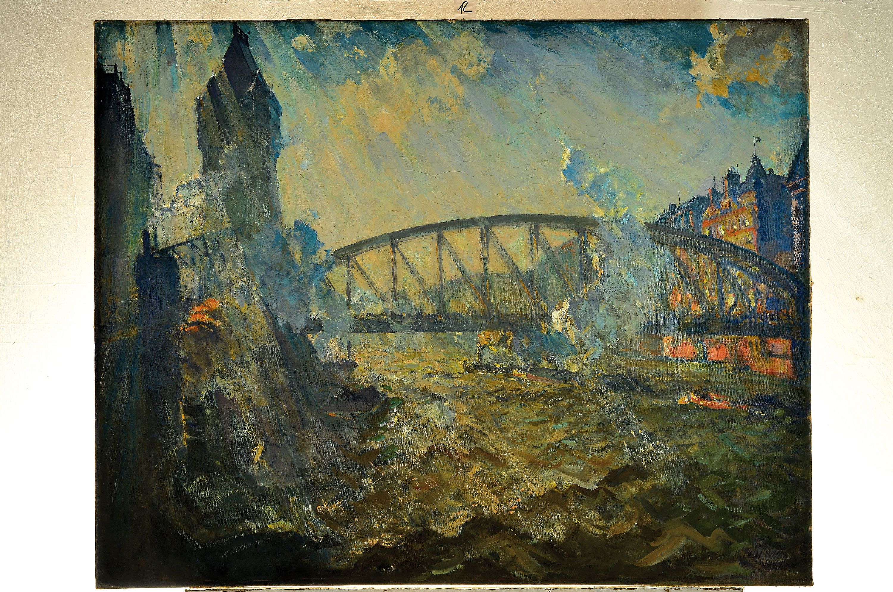 Detail k: Ulrich Hübner, 1872 - 1932 Potsdam, Hamburger Hafen mit Schleppern, gekonnte Schilderung des Schiffsverkehrs mit Schleppern und Booten, re. u. ...