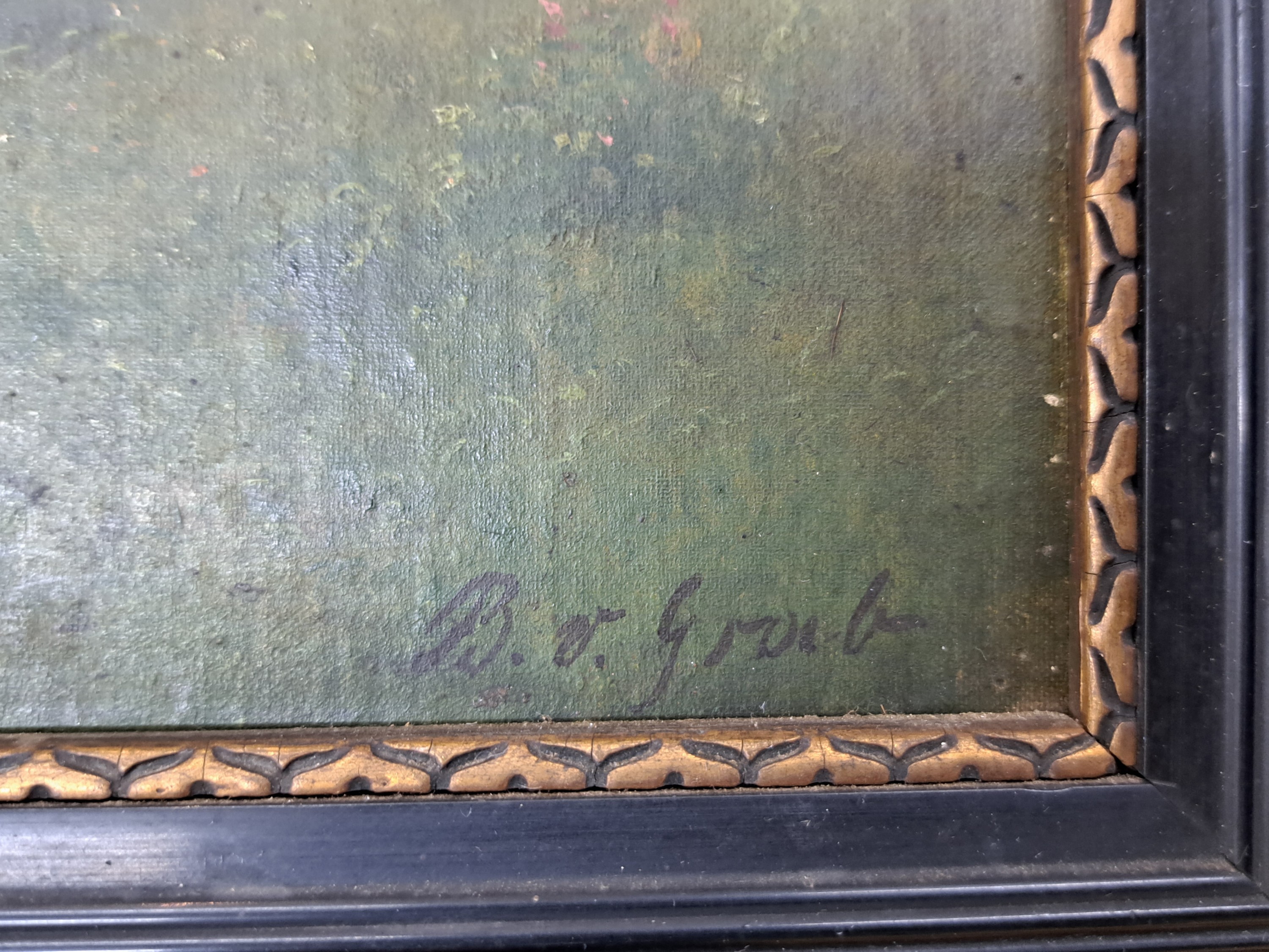 Detail b: Bertha von Grab, 1846 - 1921, Sommerlandschaft mit Blick auf den See, Öl/Karton, signiert, verschmutzt bzw. Reinigung empfohlen, re. unten signiert, ...