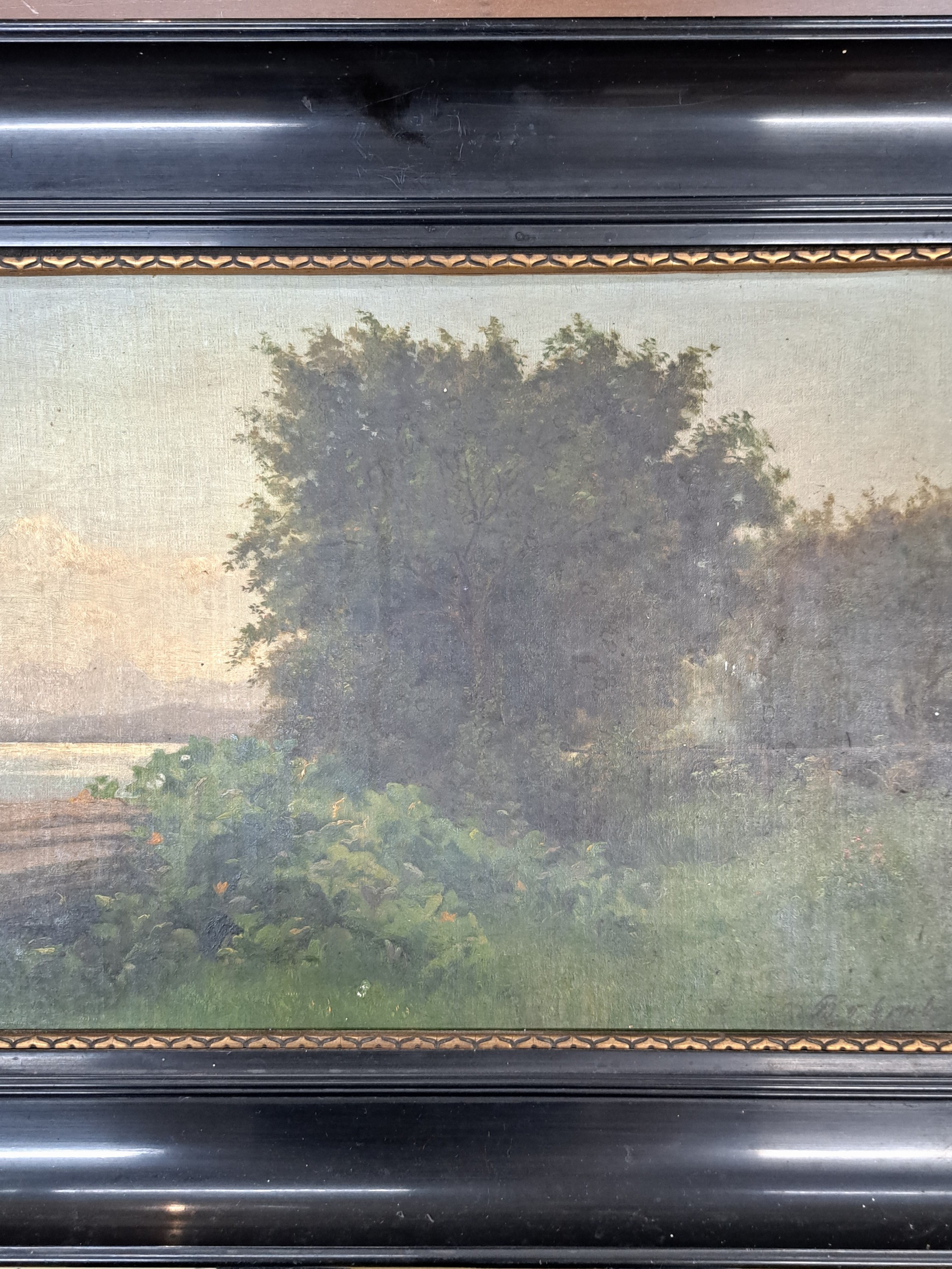 Detail d: Bertha von Grab, 1846 - 1921, Sommerlandschaft mit Blick auf den See, Öl/Karton, signiert, verschmutzt bzw. Reinigung empfohlen, re. unten signiert, ...