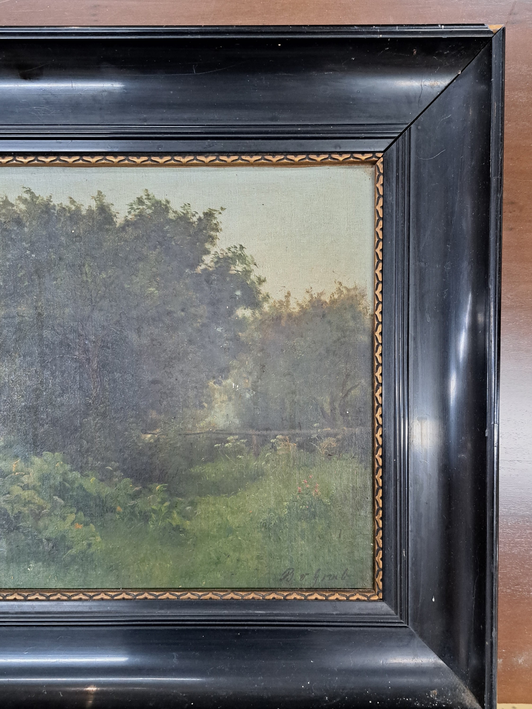 Detail e: Bertha von Grab, 1846 - 1921, Sommerlandschaft mit Blick auf den See, Öl/Karton, signiert, verschmutzt bzw. Reinigung empfohlen, re. unten signiert, ...