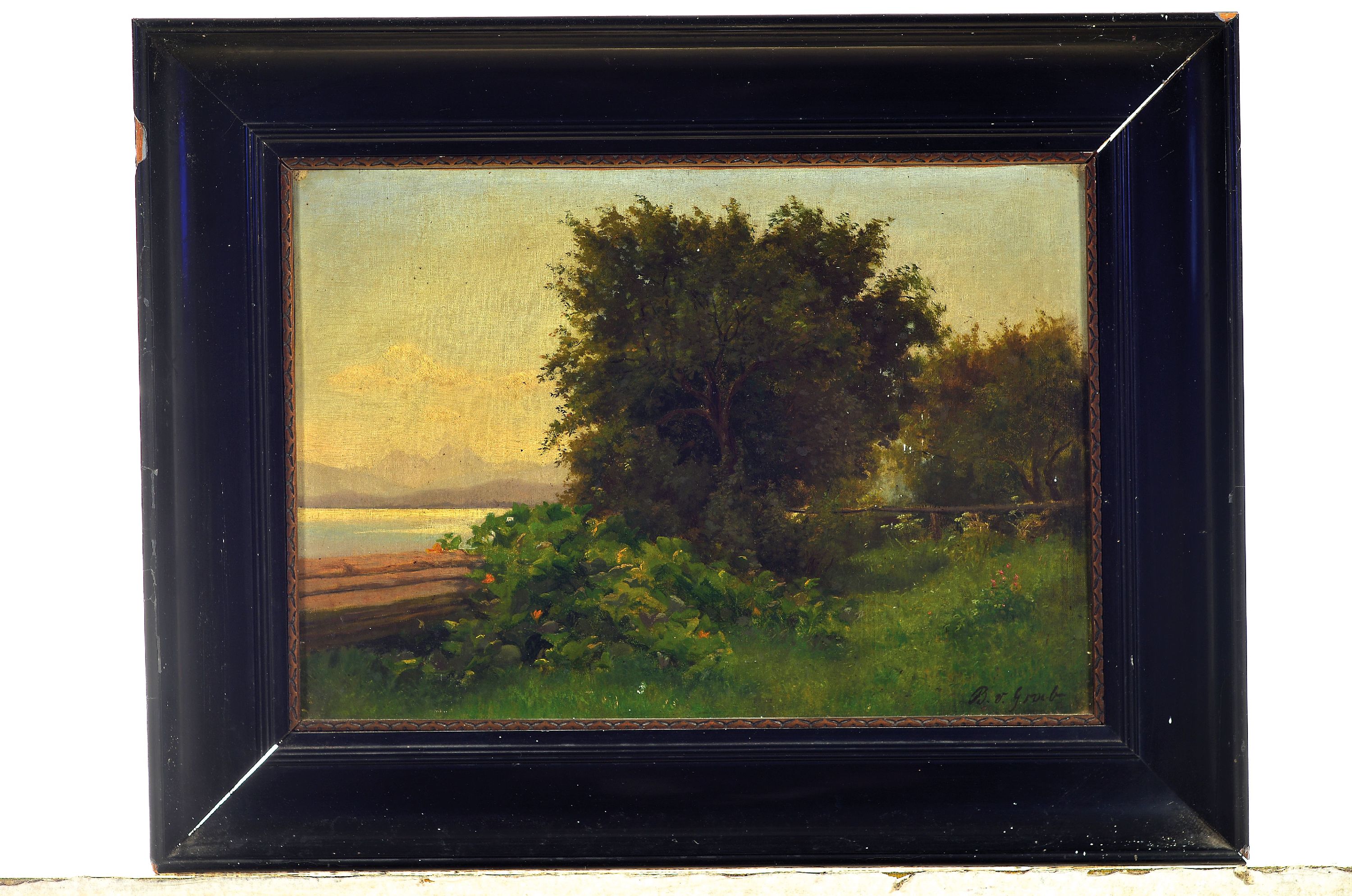 Detail k: Bertha von Grab, 1846 - 1921, Sommerlandschaft mit Blick auf den See, Öl/Karton, signiert, verschmutzt bzw. Reinigung empfohlen, re. unten signiert, ...