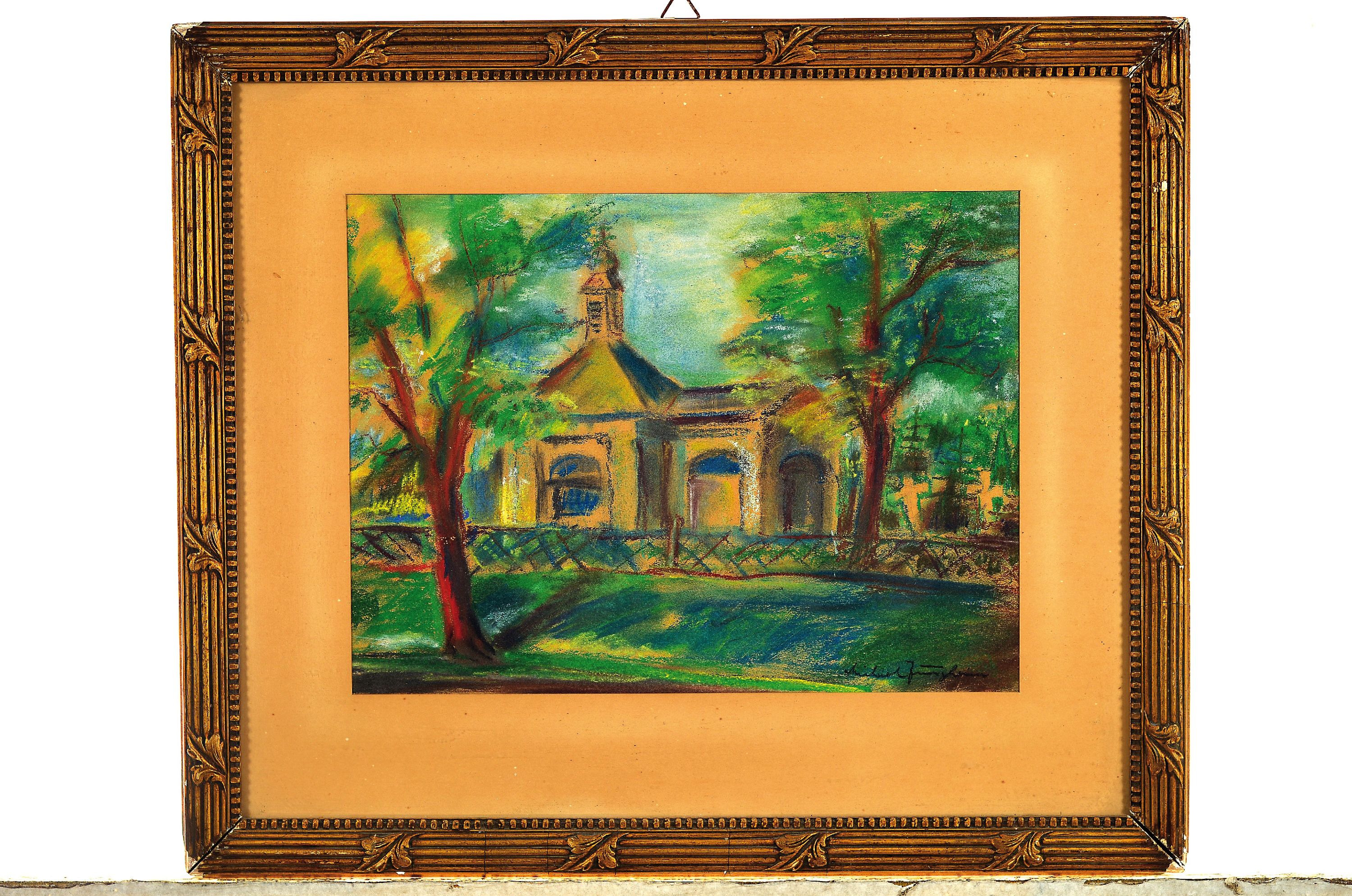 Detail k: Michael Jungheim, Pastell/Kreide auf Papier, Friedhof, wohl in Düsseldorf, re. unten signiert, PP-Ausschnitt ca. 25.5 x 34 cm, unter Glas, Rahmen l. ...