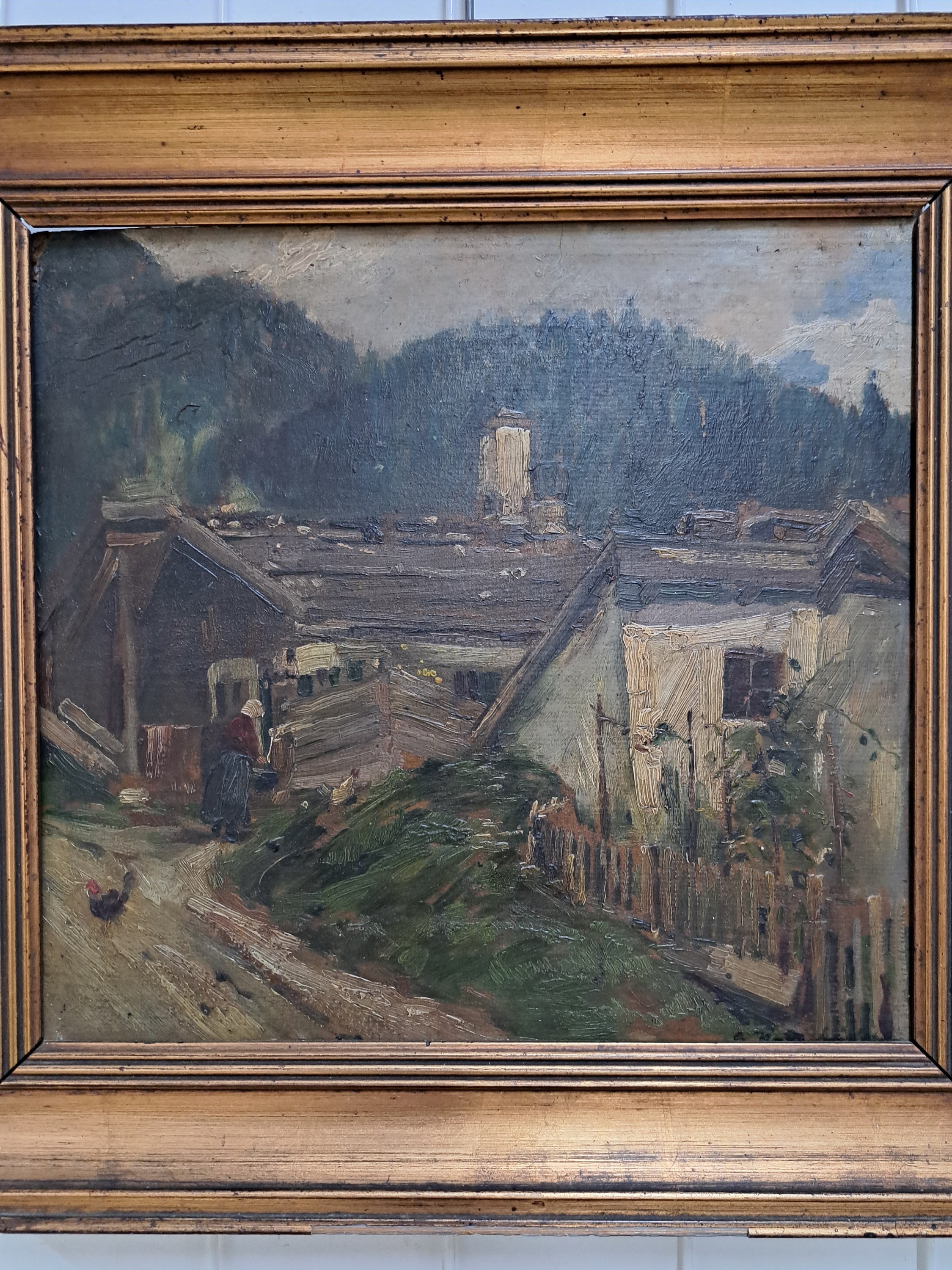 Detail m: Unleserlich signiert G. Kal....., 20/30er Jahre, Hütte mit Bauersfrau, Öl/Pappe, re. u. unleserlich signiert, ca. 33.5 x 36 cm, Rahmen besch., ca. ...