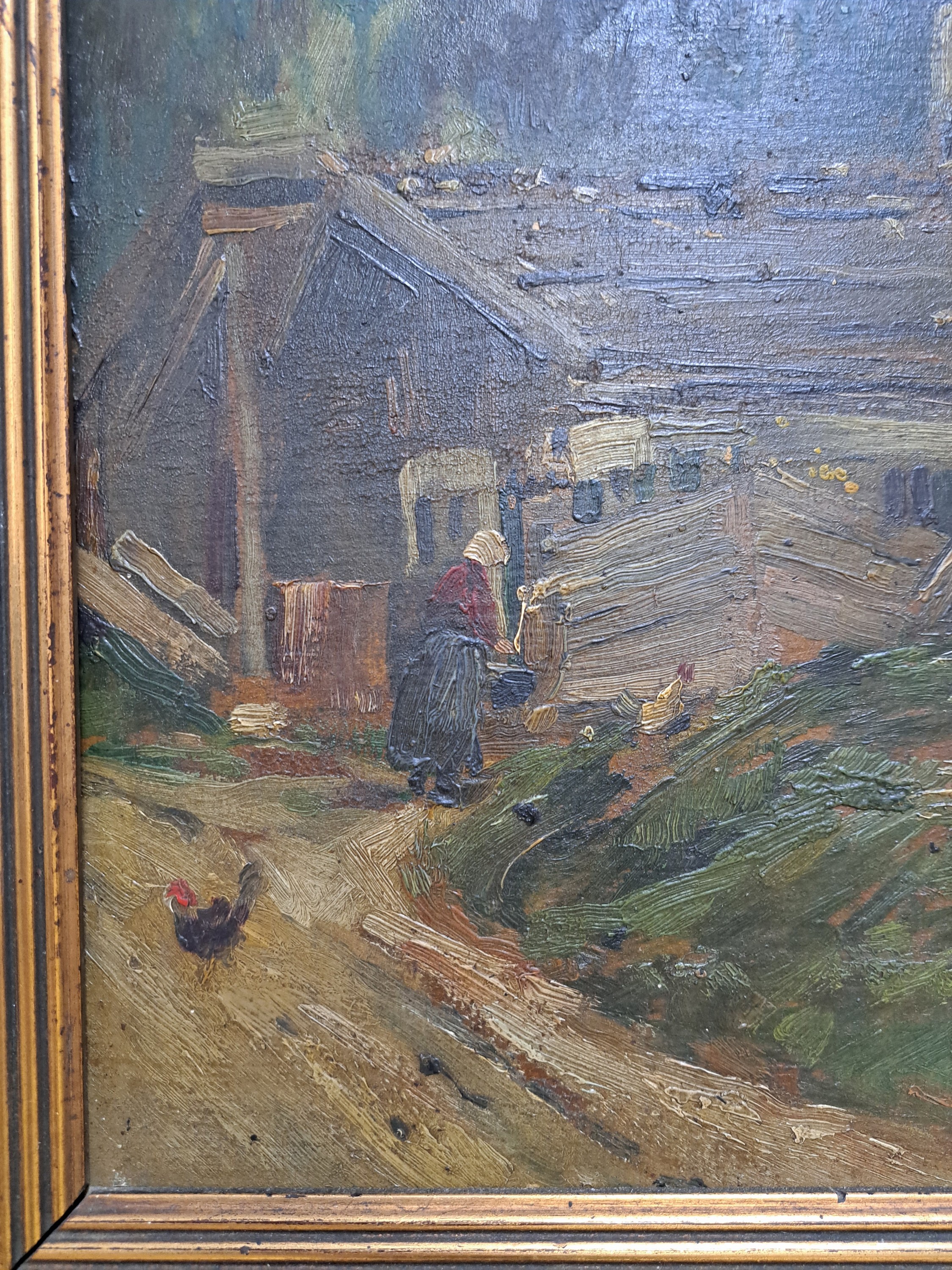 Detail n: Unleserlich signiert G. Kal....., 20/30er Jahre, Hütte mit Bauersfrau, Öl/Pappe, re. u. unleserlich signiert, ca. 33.5 x 36 cm, Rahmen besch., ca. ...