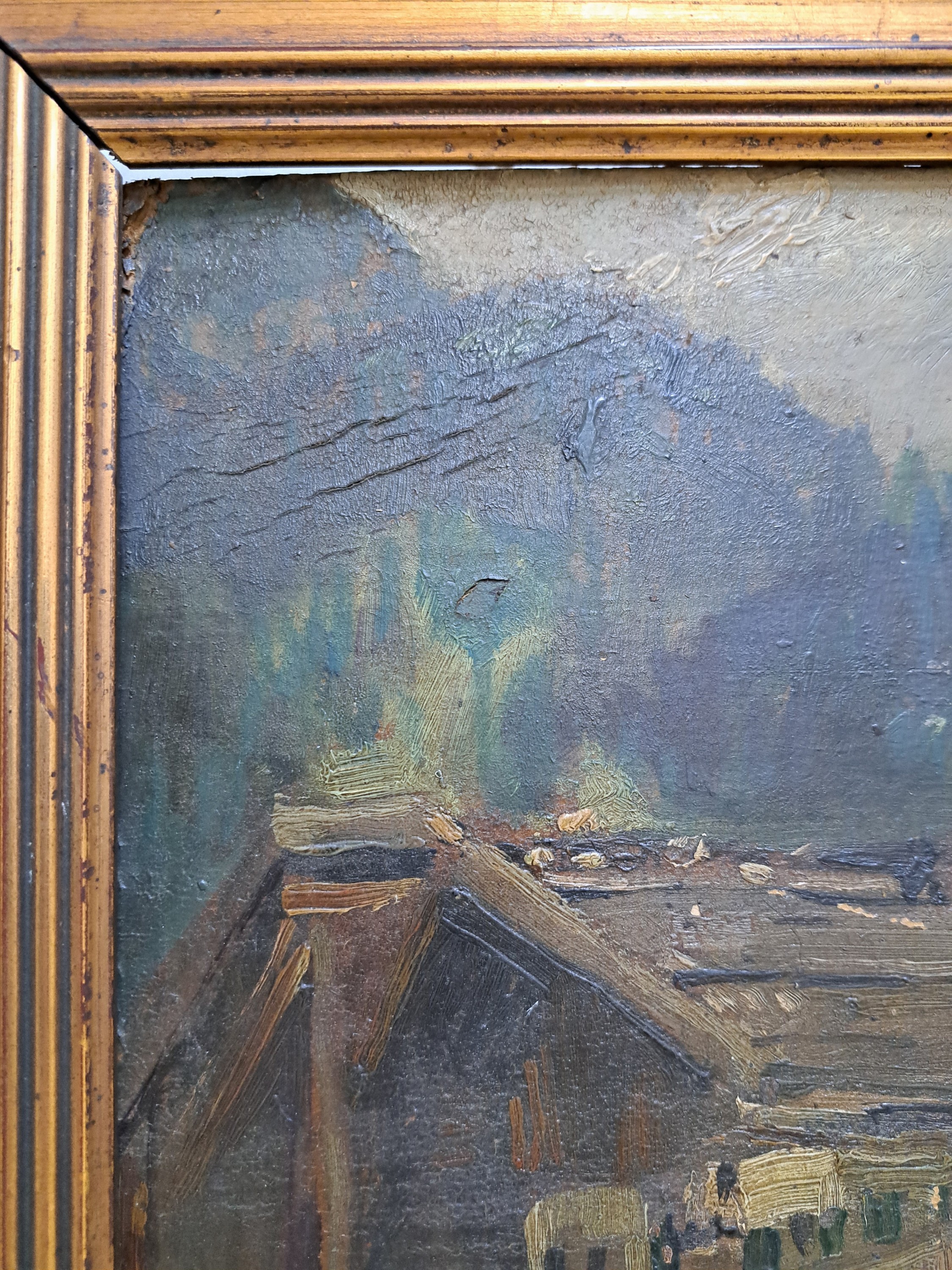 Detail o: Unleserlich signiert G. Kal....., 20/30er Jahre, Hütte mit Bauersfrau, Öl/Pappe, re. u. unleserlich signiert, ca. 33.5 x 36 cm, Rahmen besch., ca. ...