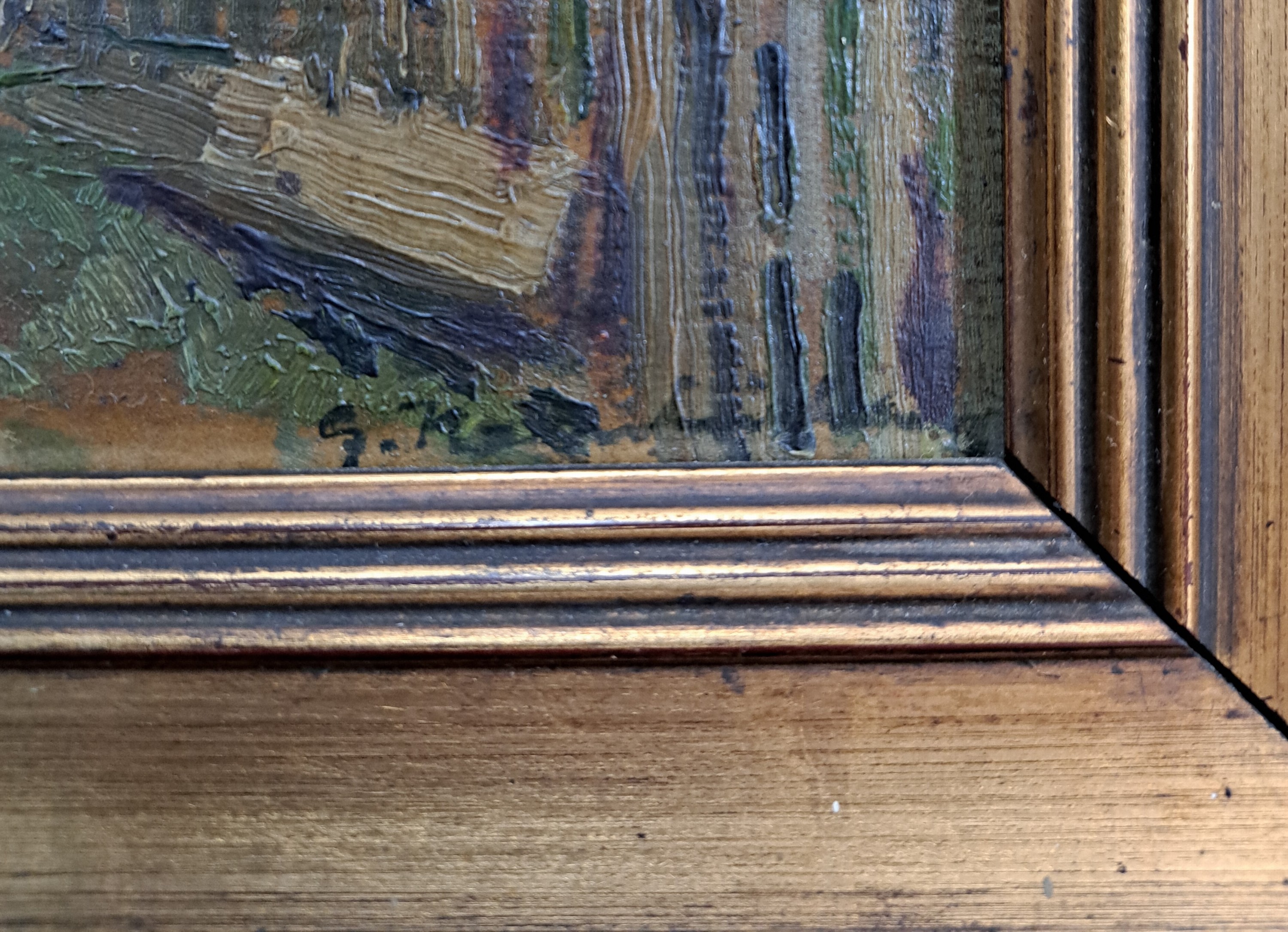 Detail p: Unleserlich signiert G. Kal....., 20/30er Jahre, Hütte mit Bauersfrau, Öl/Pappe, re. u. unleserlich signiert, ca. 33.5 x 36 cm, Rahmen besch., ca. ...