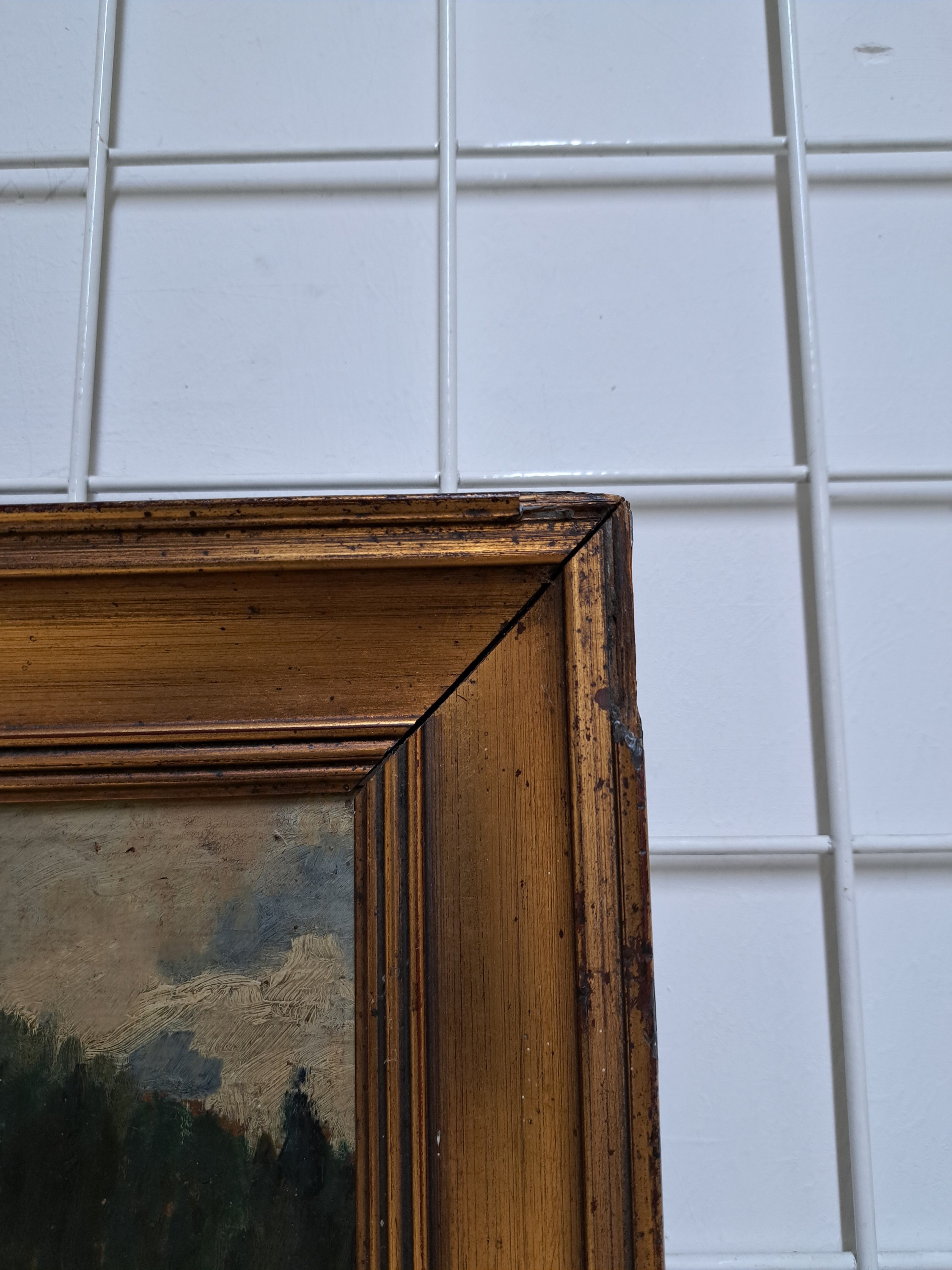 Detail s: Unleserlich signiert G. Kal....., 20/30er Jahre, Hütte mit Bauersfrau, Öl/Pappe, re. u. unleserlich signiert, ca. 33.5 x 36 cm, Rahmen besch., ca. ...