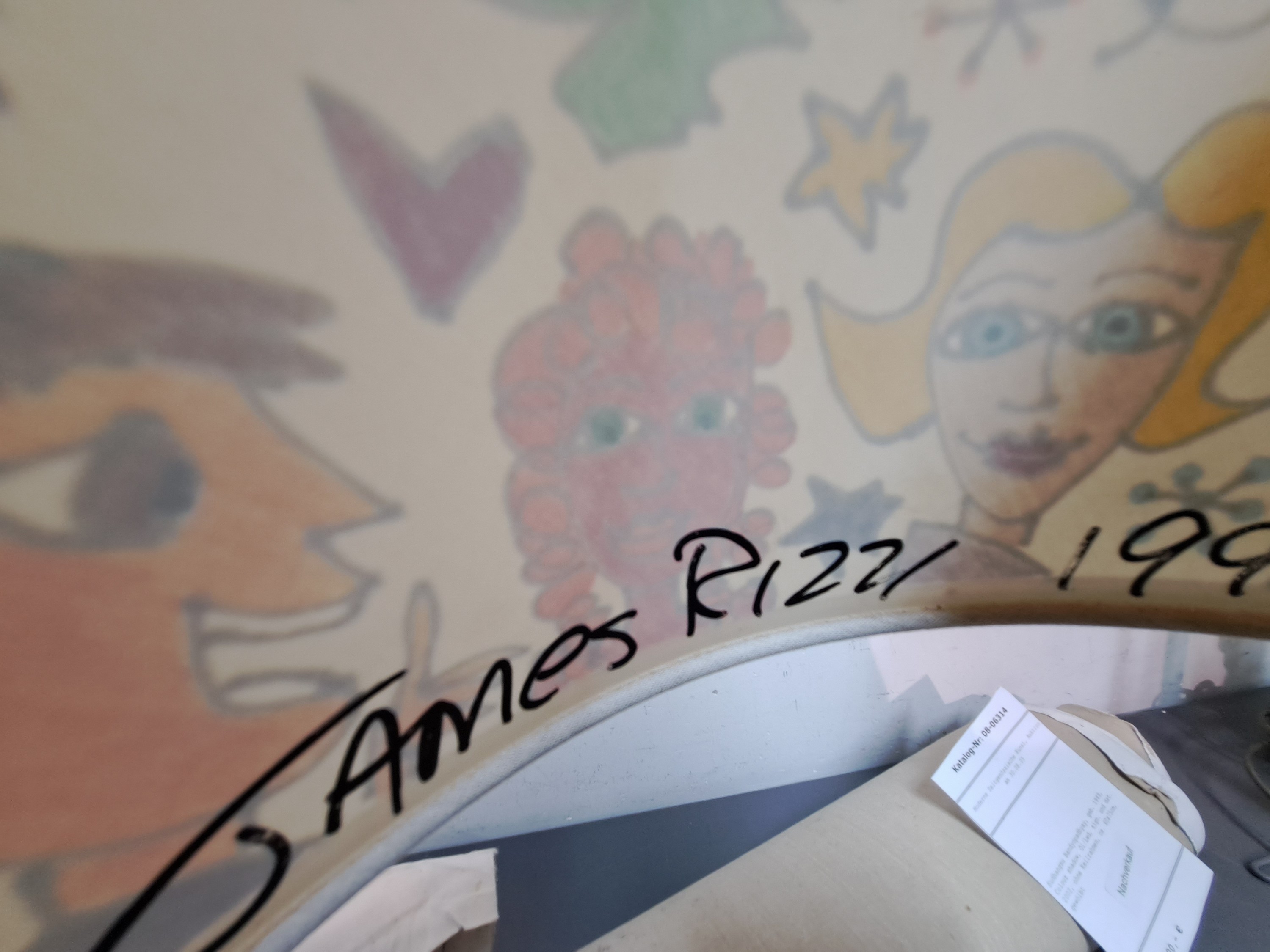 Detail a: James Rizzi, 1950-2011 New York, handbemalter Lampenschirm, Filz-stifte auf Stoff, bemalt mit Happy People, Birds, Sun, Moon etc., innen handsign. ...