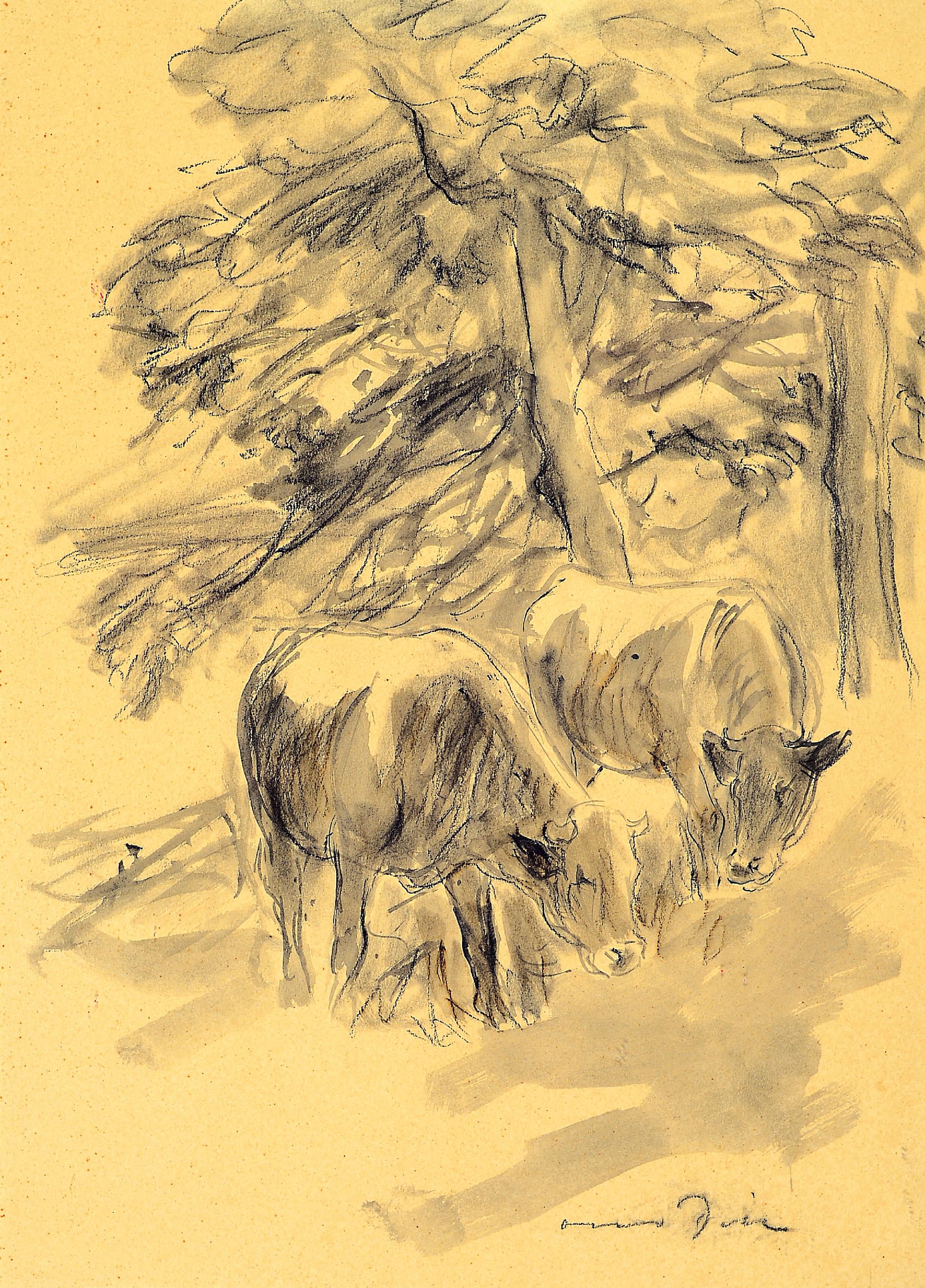 Otto Dill, 1884 Neustadt-1957 Bad Dürkheim, Kühe unter Bäumen, lavierte Zeichnung, rechts unten signiert, ca. 35x25cm, PP, u.Gl., R. ca. 47x36cm