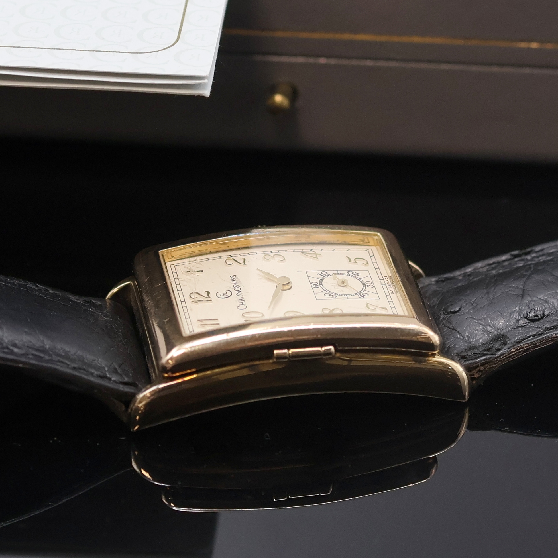Detail e: CHRONOSWISS / NUMA JEANNIN seltene, auf 999 Stück limitierte Armbanduhr, Handaufzug, verg. Sterlingsilbergeh. inkl. Lederband m. orig. Dornschl., ...
