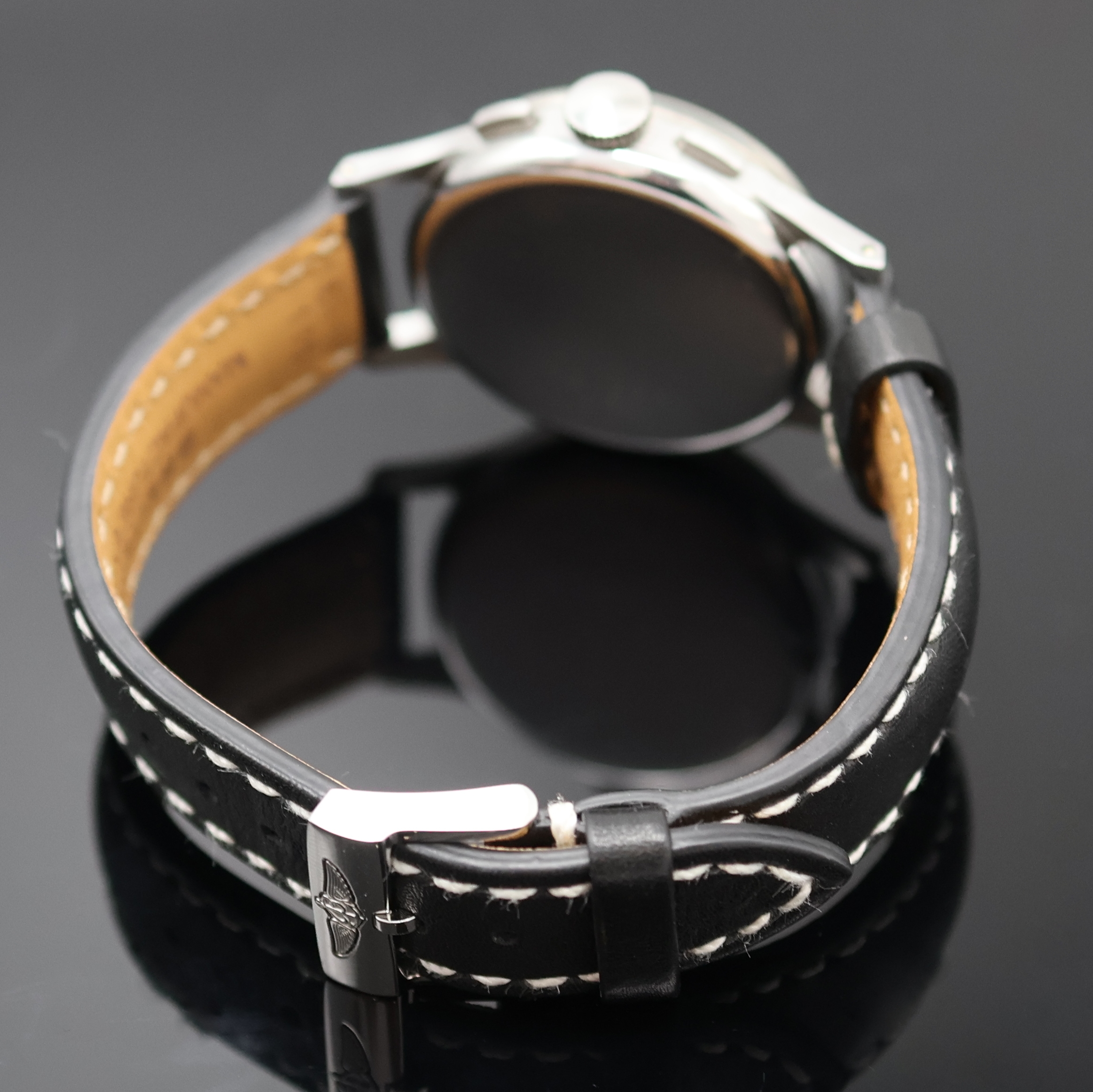 Detail b: BREITLING Premier Schaltradchronograph Referenz 787, Handaufzug, Schweiz um 1945, 3-teil. Stahlgeh., Boden und Glasrand aufgedr., silb. Zifferbl. m. ...