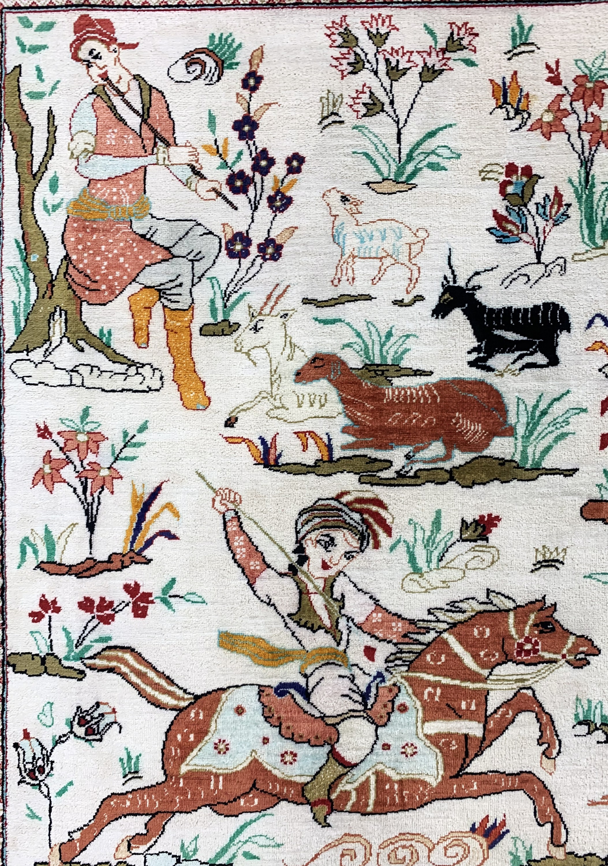 Detail d: Ghom Seide"Jagd-Motiv", Persien, Mitte 20.Jhd, reine Naturseide, ca. 150 x 100 cm, EHZ: 1-2, (fachkundig gereinigt)