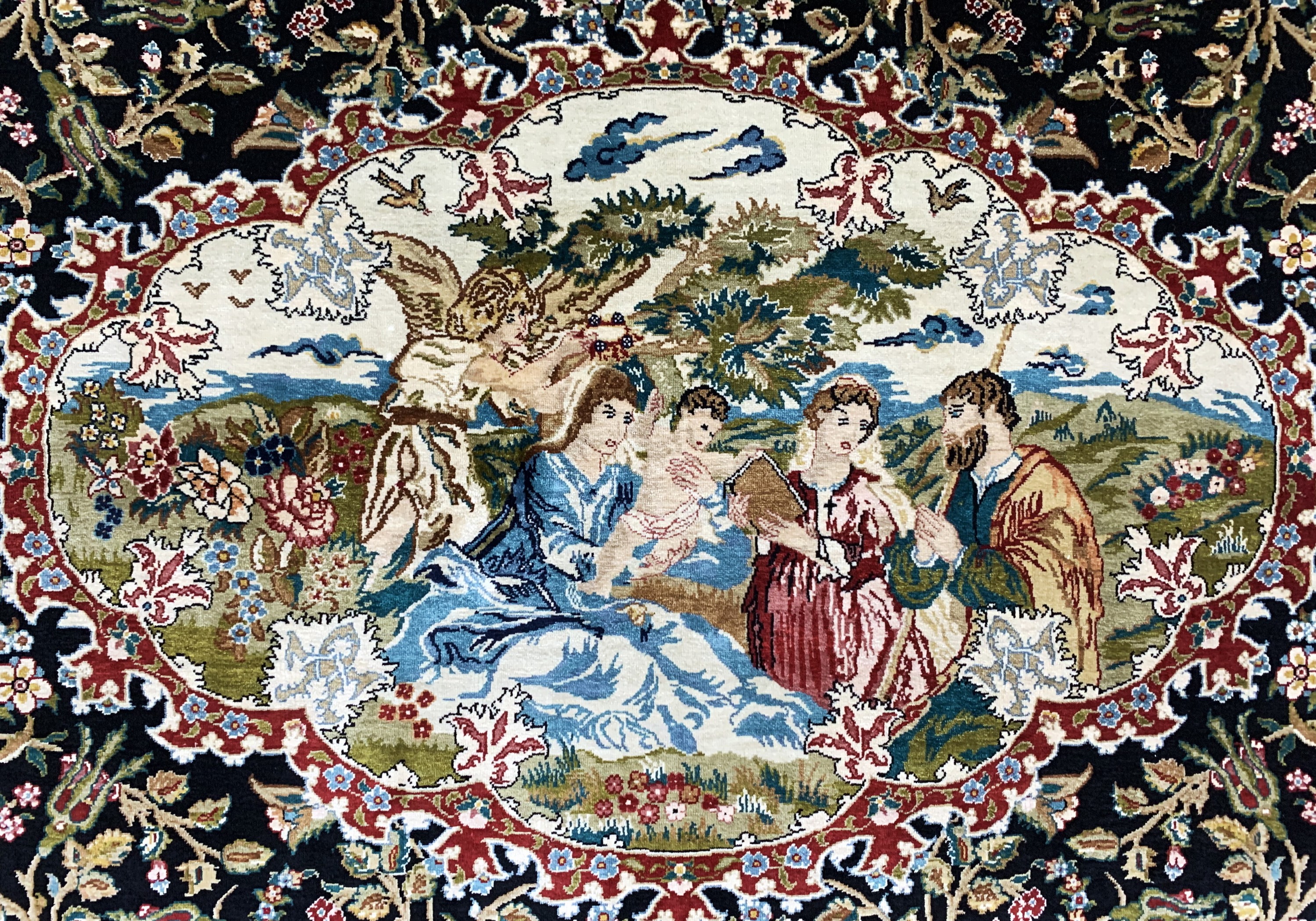 Detail a: Hereke Seide fein Türkei, signiert"Özipek",Ende 20.Jhd, reine Naturseide, ca. 60 x 74 cm,EHZ:(nahezu neuwertig).