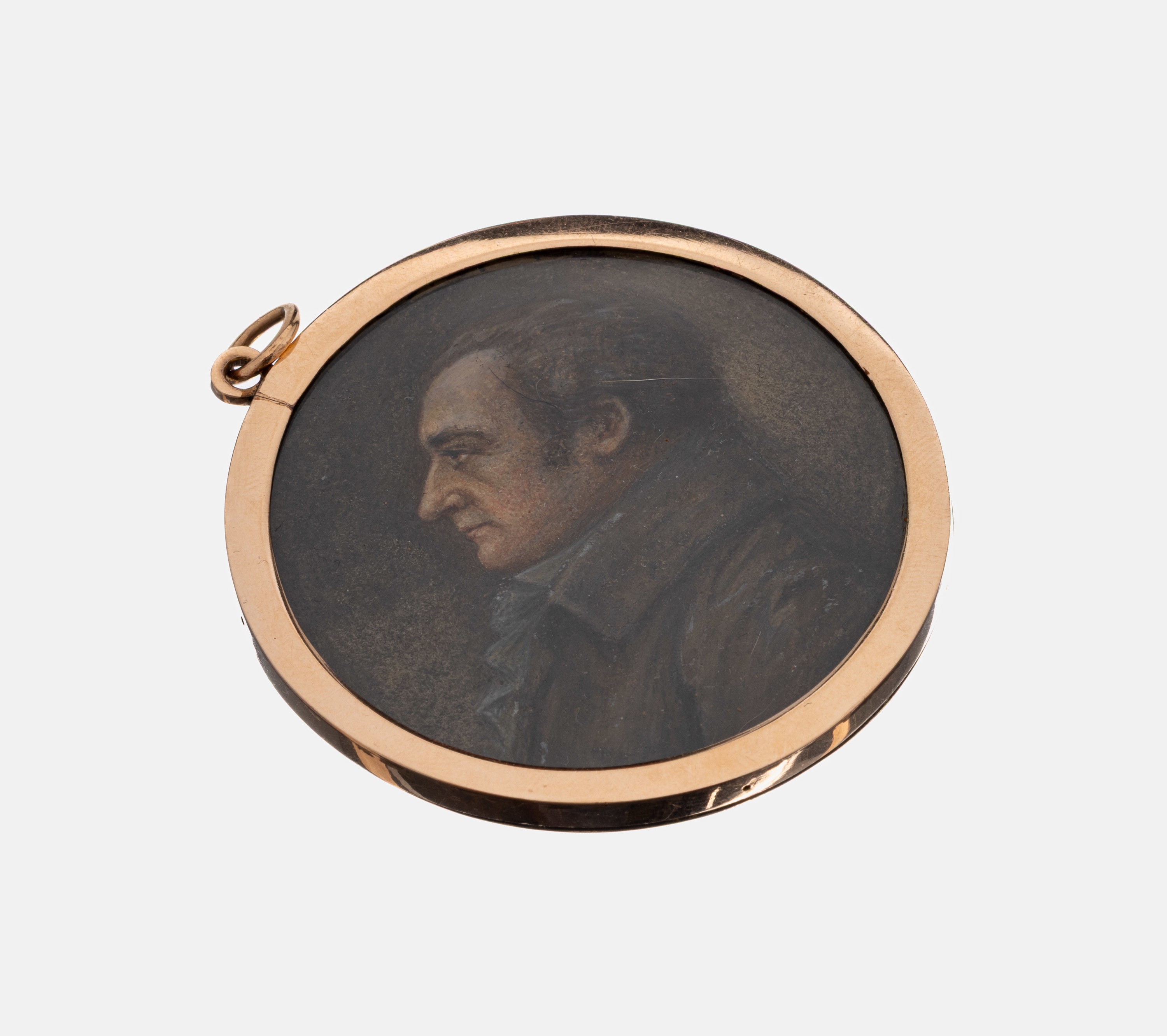 14 kt Gold Anhänger mit Miniaturmalerei, um 1890, GG 585/000 gepr., schlichte Rahmung, Gouache-Malerei, Darstellung eines Herren im Profil, RV: ...