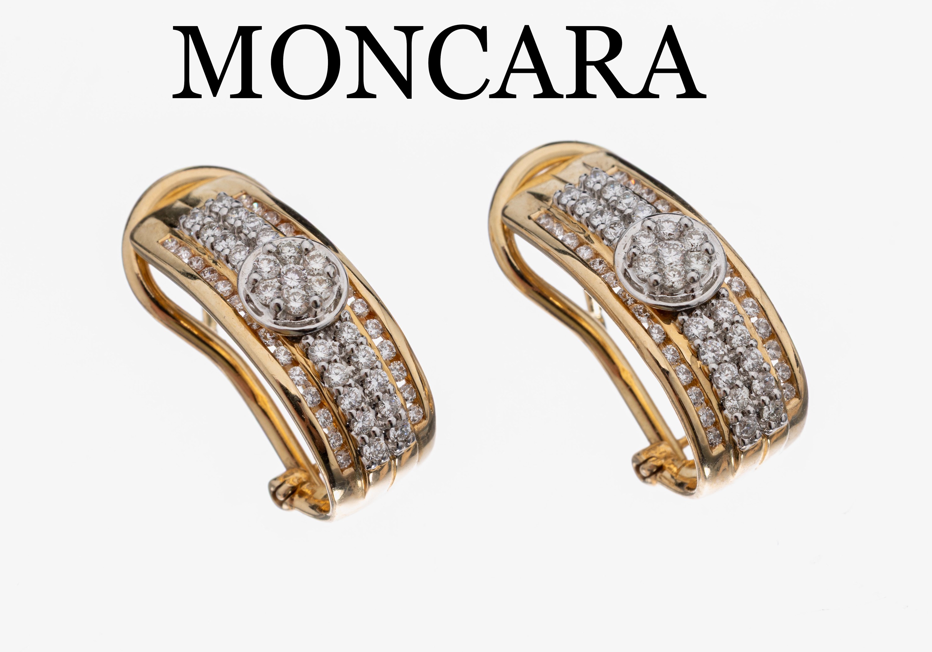 Paar 14 kt Gold Brillant-Ohrstecker, GG 585/000, 106 Brillanten zus. ca. 0.60 ct Weiß/lr, ca. 6.7 g, Clipbrisuren, Hersteller MONCARA, Angaben lt. ...