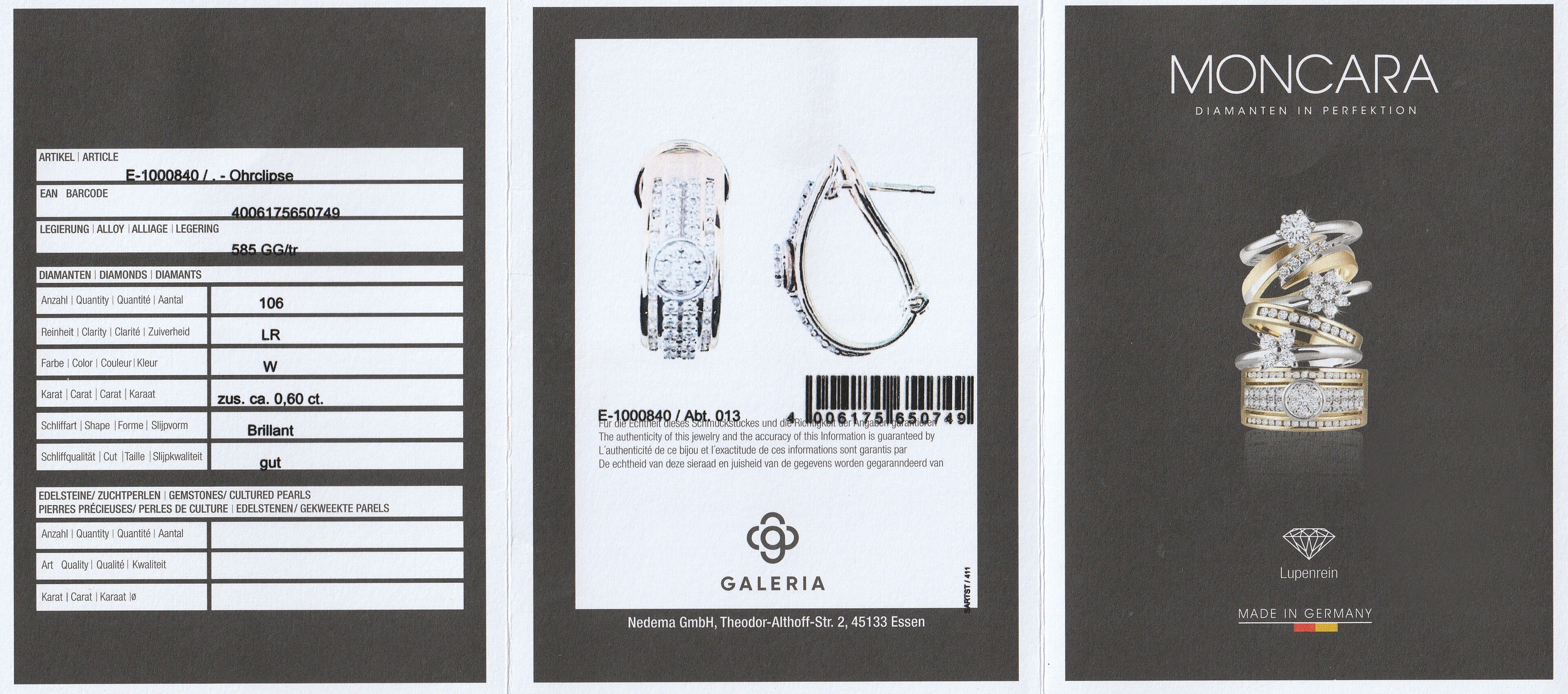 Detail a: Paar 14 kt Gold Brillant-Ohrstecker, GG 585/000, 106 Brillanten zus. ca. 0.60 ct Weiß/lr, ca. 6.7 g, Clipbrisuren, Hersteller MONCARA, Angaben lt. ...