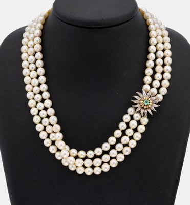 Image Zuchtperl-Collier mit 14 kt Gold Smaragd -Diamant-Schmuckschließe, WG/GG 585/000 ...