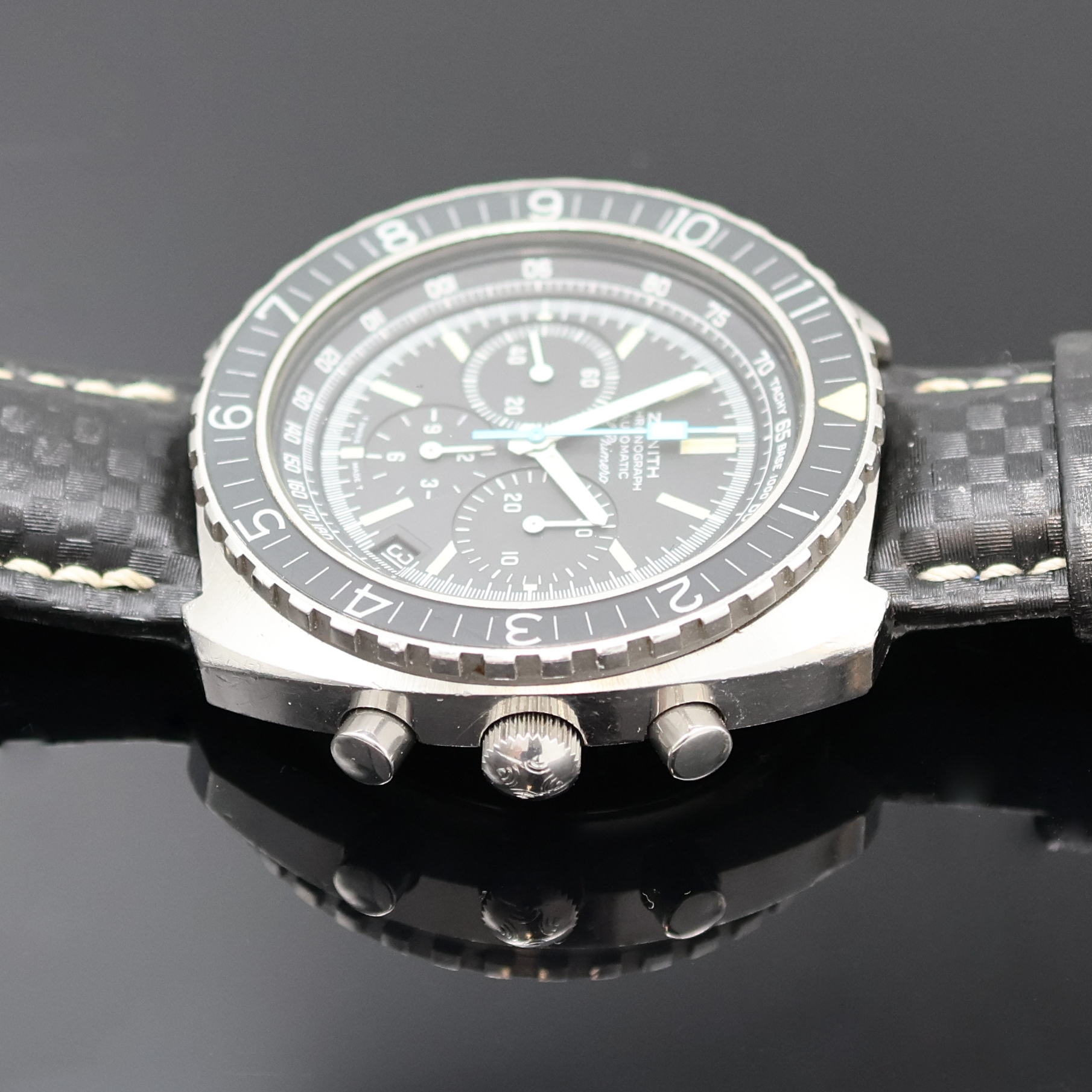 Detail c: ZENITH El Primero Sub-Sea seltener Herrenchronograph in Stahl Referenz 01-0150- 415, Schweiz um 1975, Automatik, Boden u. Krone verschr., Lünette ...