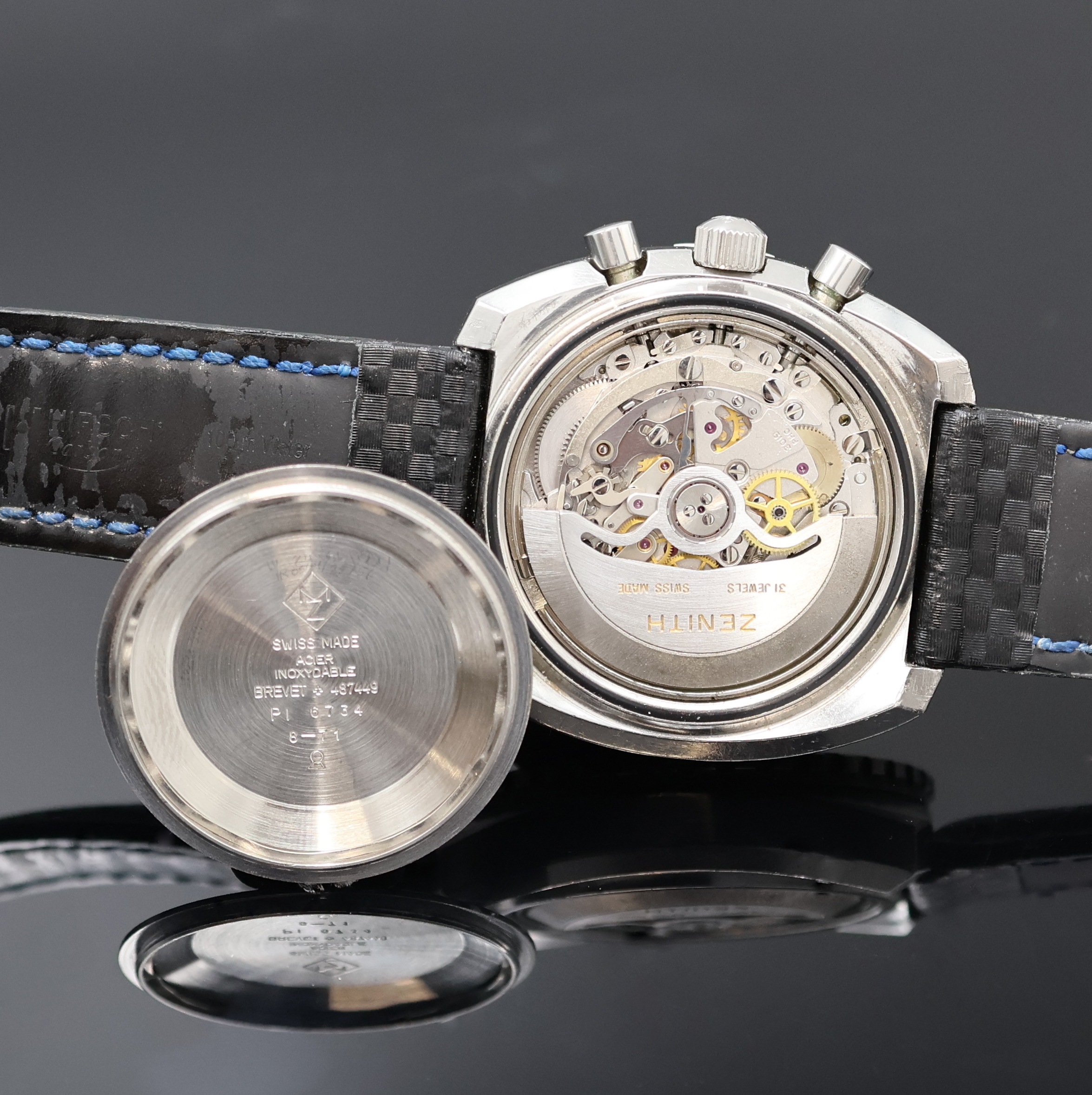 Detail e: ZENITH El Primero Sub-Sea seltener Herrenchronograph in Stahl Referenz 01-0150- 415, Schweiz um 1975, Automatik, Boden u. Krone verschr., Lünette ...