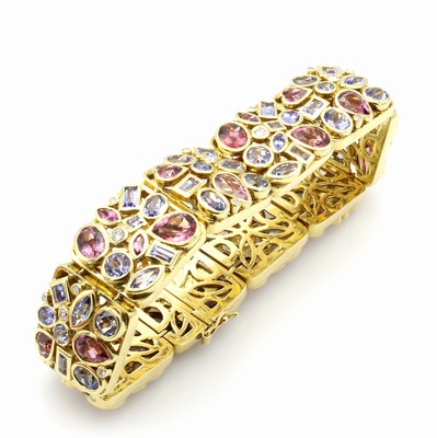 26945319b - Armband mit Farbsteinen und Brillanten, GG 750/000, Turmaline, Tansanite u. Aquamarine, ...