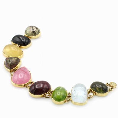 Image 26945320 - Armband mit Farbsteinen und Brillanten, GG 585/000, Aquamarin, Peridot, Berylle u. ...
