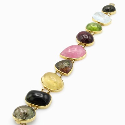 26945320a - Armband mit Farbsteinen und Brillanten, GG 585/000, Aquamarin, Peridot, Berylle u. ...