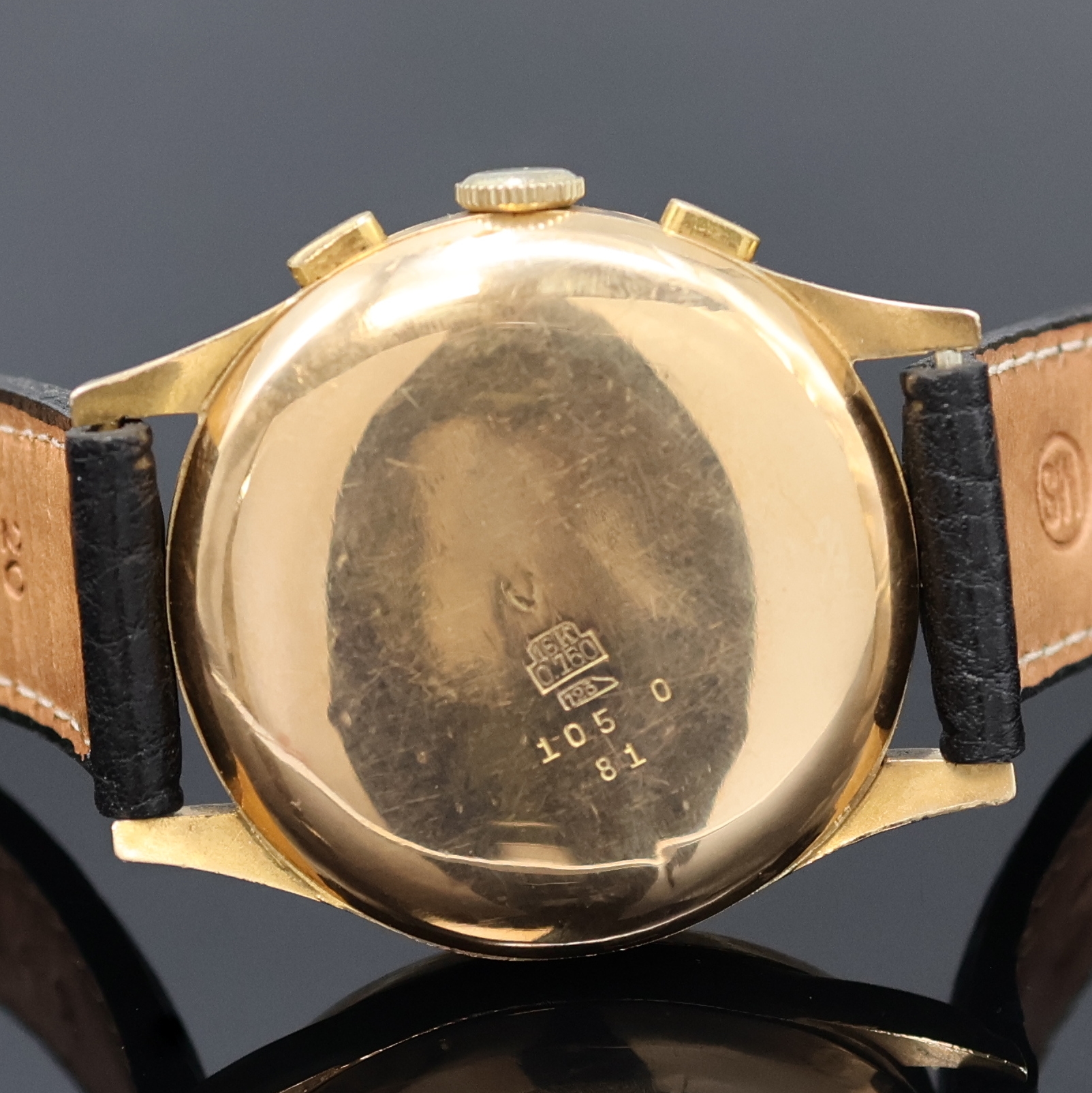 Detail d: OTIS / CHRONOGRAPHE SUISSE Armbandchronograph in RG 750/000, Schweiz um 1950, Handaufzug, Geh. dell., Boden aufgedr., silb. Zifferbl. m. gold. ...