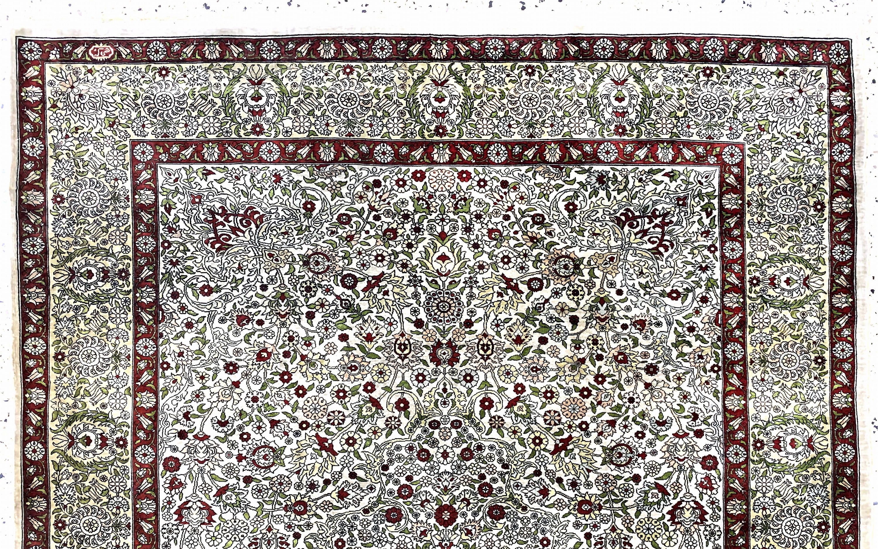 Detail a: Hereke Seide fein signiert, Türkei, Mitte 20.Jhd, reine Naturseide, ca. 175 x 122 cm, ca. 1,0 Mio. Kn/qm, EHZ: 2
