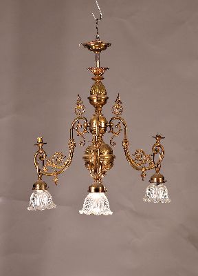 Image 26945494 - Deckenlampe, um 1900, 3 Brennstellen, aufwendige Messingmontur, Glasschirme, ...