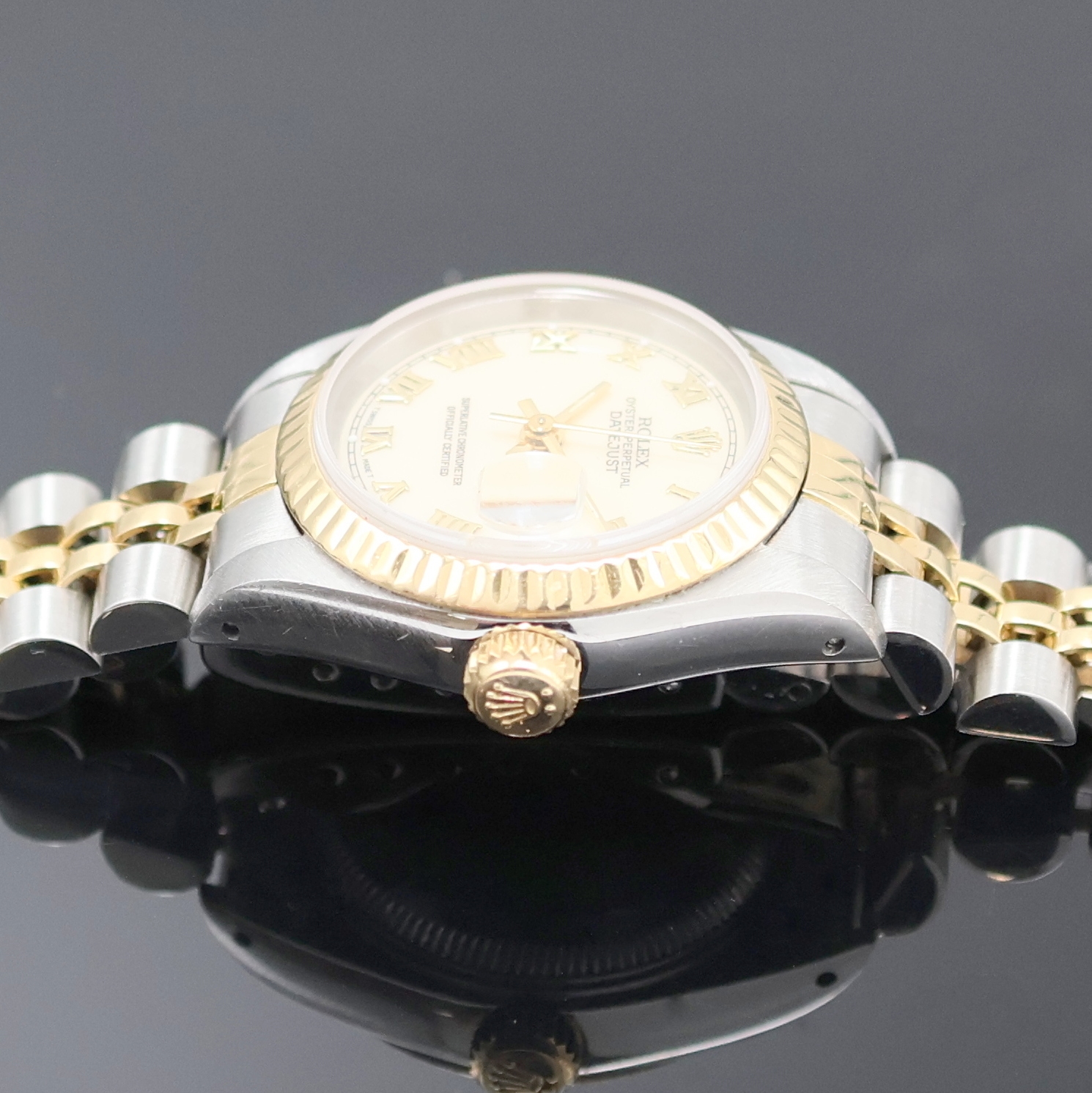 Detail c: ROLEX Oyster Perpetual Datejust Damenarmbanduhr Referenz 69173, Automatik, C-Serie, Edelstahl/Gold kombiniert inkl. Jubileeband m. Faltschl., Boden ...