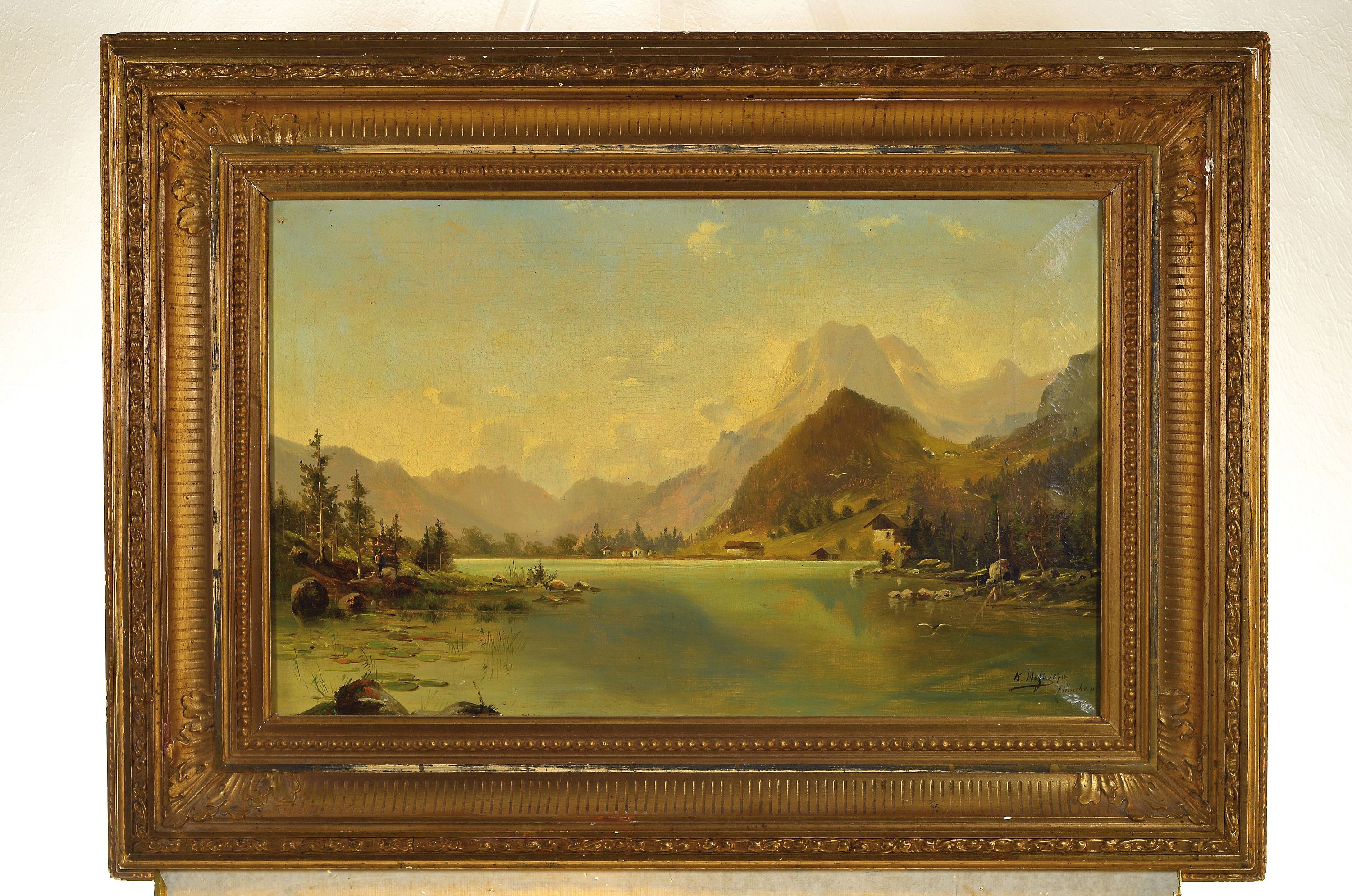 Detail k: K. Hofs, Münchener Maler, 2.Hälfte 20. Jh., Gebirgssee mit Blick auf die Alpen, re. u. signiert, ca. 42x65 cm, Prunkrahmen ca. 65 x 89 cm, l. best.