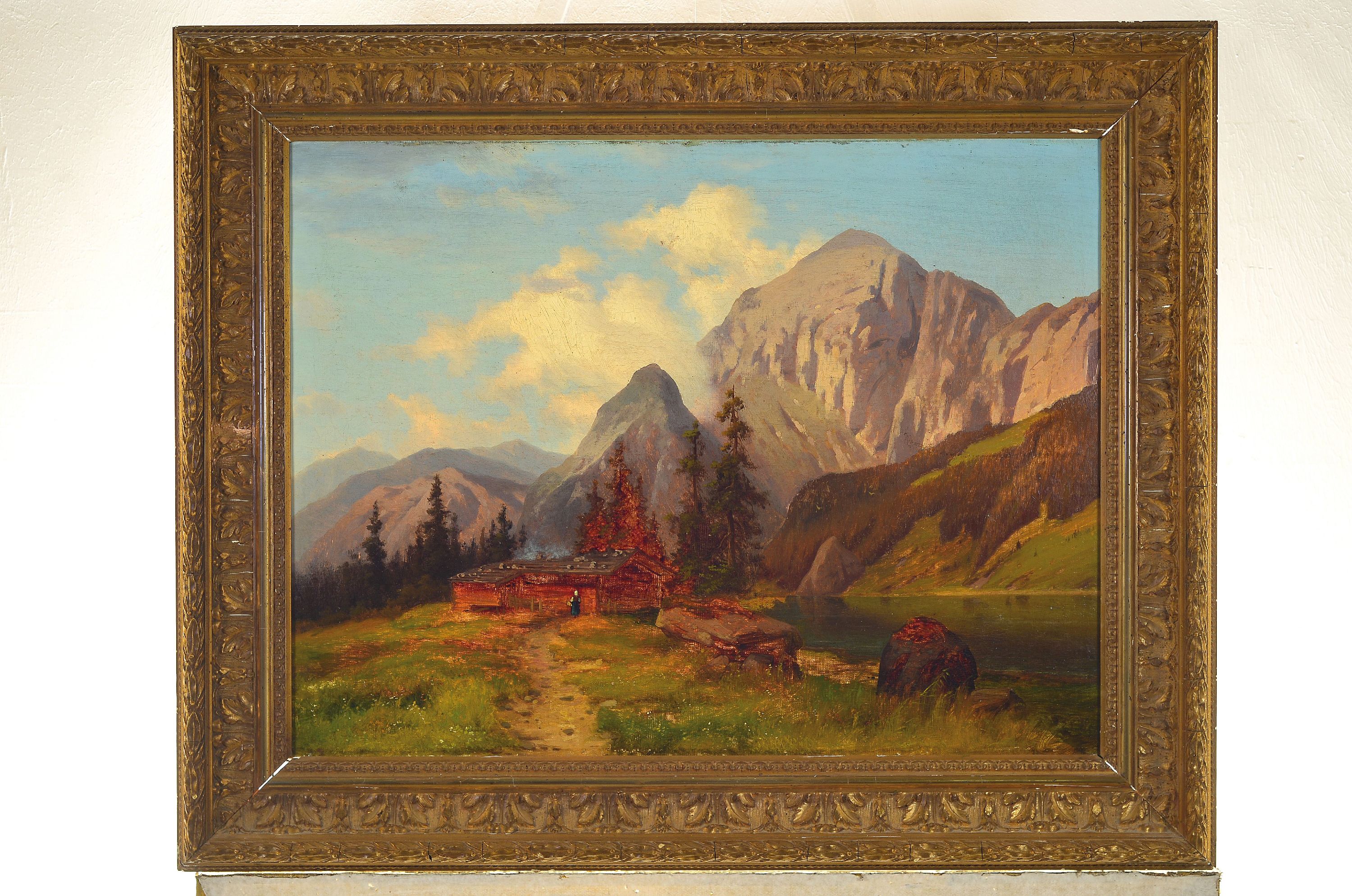 Detail k: Eduard Hein, 1854 - 1918, Düsseldorfer Landschaftsmaler, Sommerlandschaft im Gebirge mit Almhütte und Magd, Öl/Lwd, re. u. signiert, kl. ...