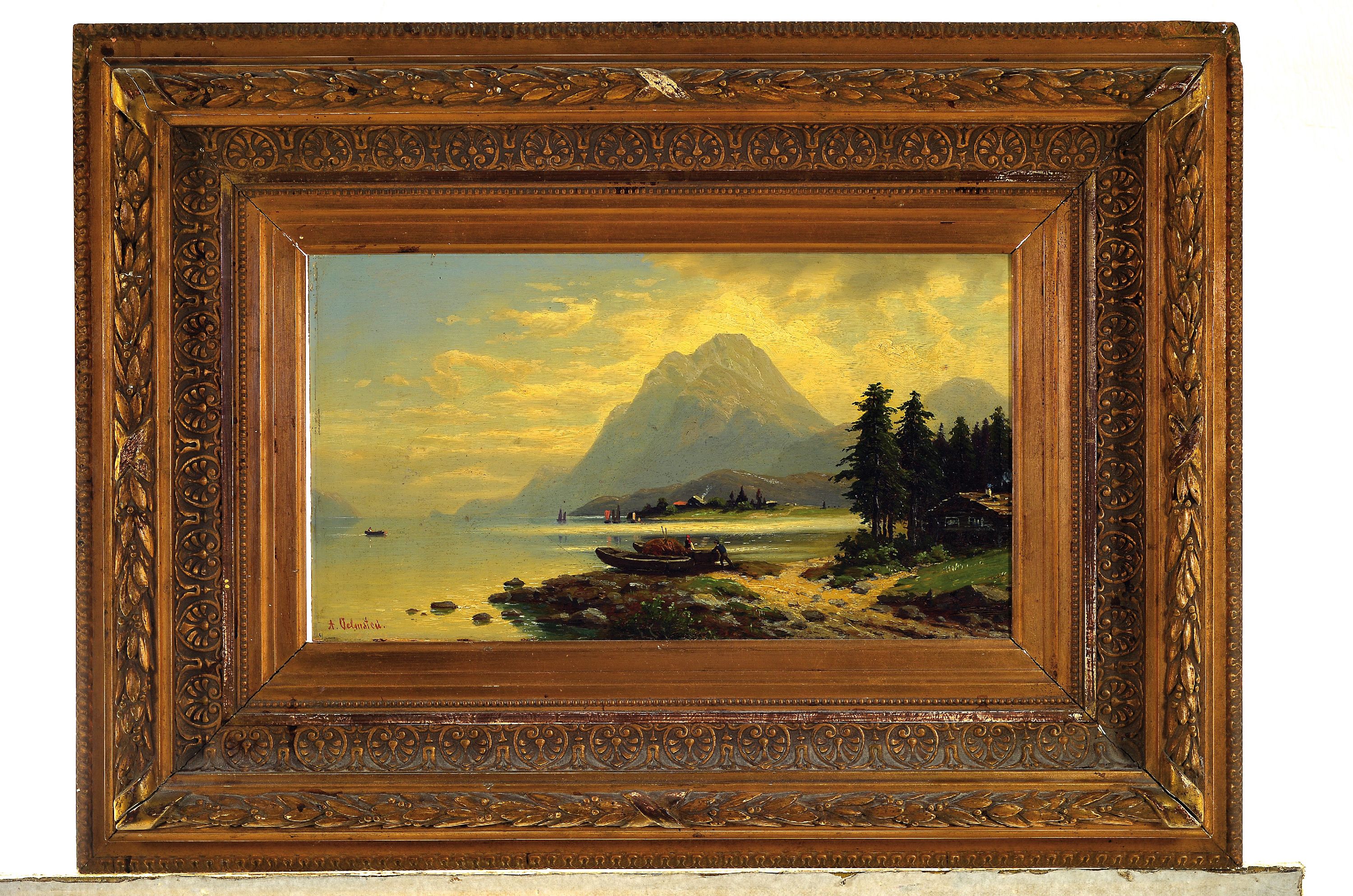 Detail k: A. Oelmsted, wohl Karl Kaufmann Pseudonym, 1843- 1902 Salzburg, Gebirgssee mit Fischerbooten und Figurenstaffage, wohl norwegische Fjordansicht, ...