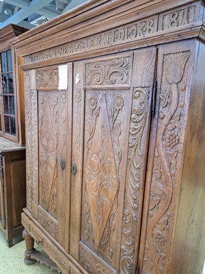 26945860b - Stollenschrank, deutsch, dat. 1781, Eiche aufwendig geschnitzt, Rautenmotive, Akanthus ...