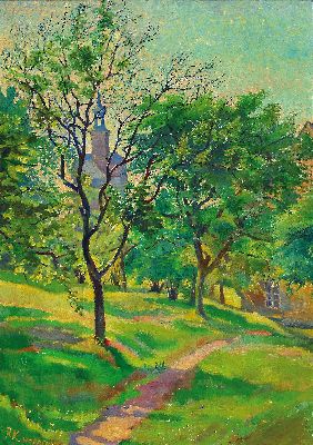 Image 26945882 - Monogrammist RK, Worpswede, Sommerlandschaft mit Kirche im Hintergrund, ...