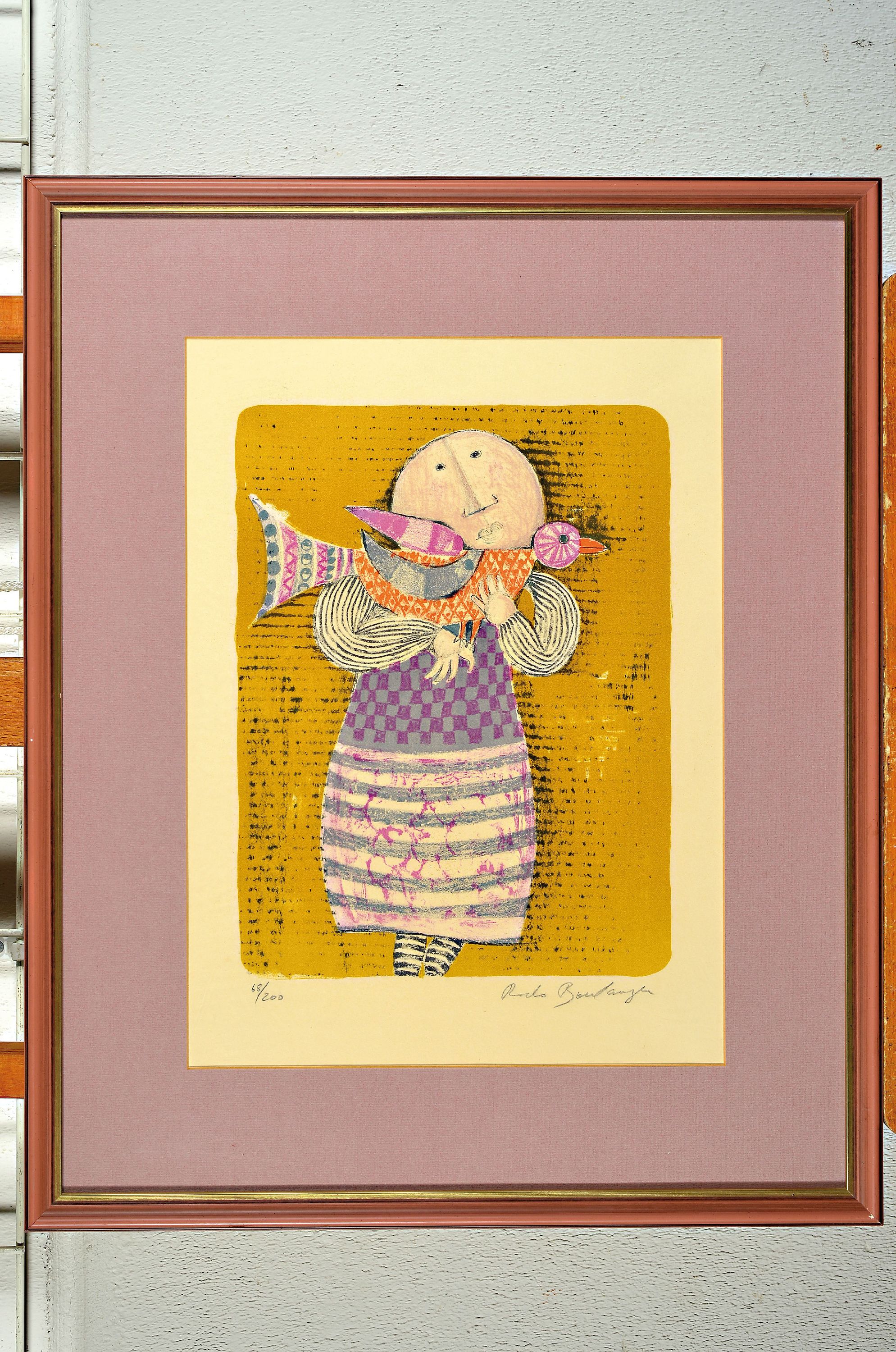 Detail k: Graziele Rodo Boulanger, geb. 1945 La Paz, Mädchen mit Vogel, Farblithographie, handsign. und num. 68/200, ca. 33x24cm, PP, u.Gl., R. ca. 60x49cm, ...