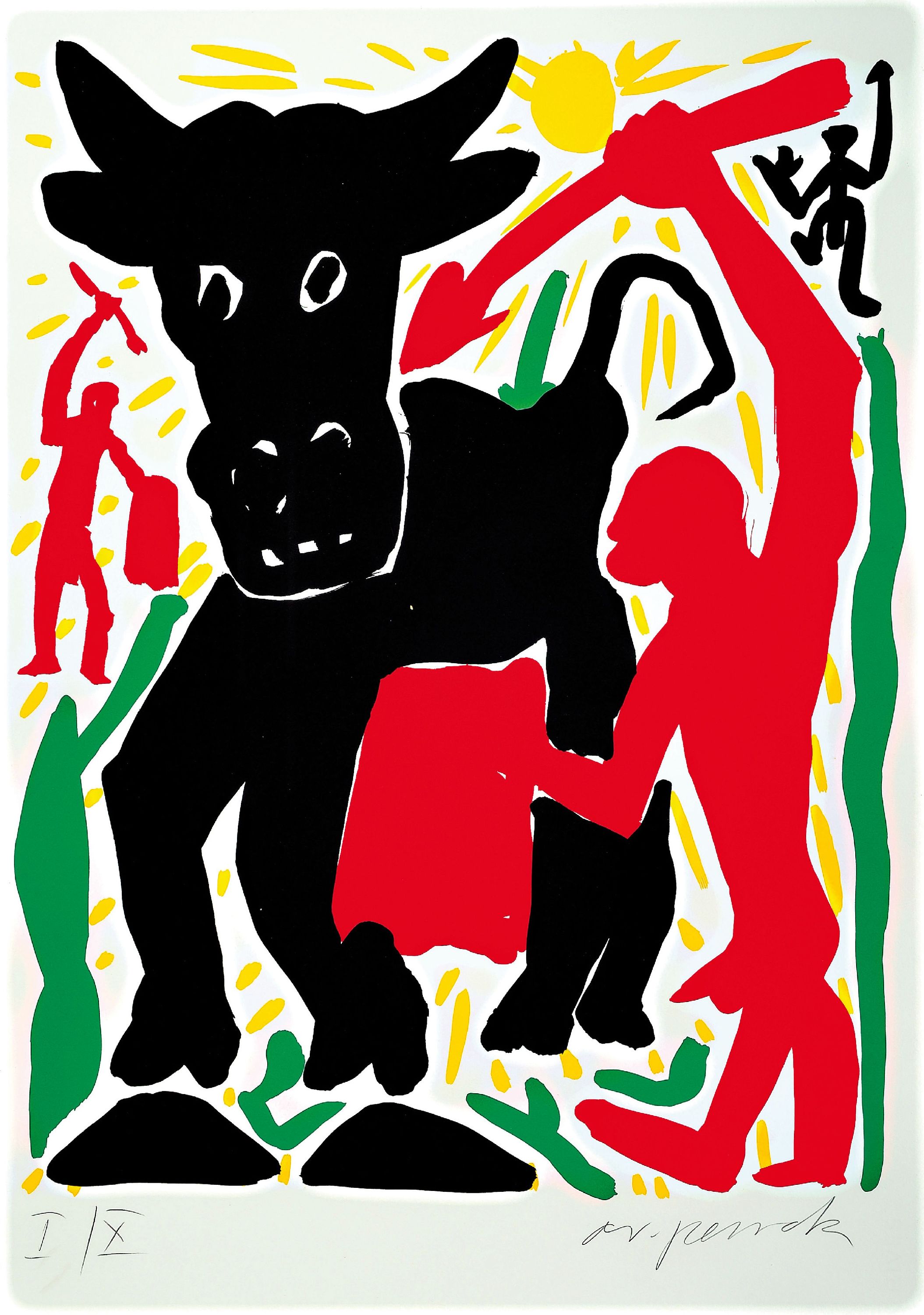 A.R. Penck, 1939 Dresden-2017 Zürich, Flagge zeigen, Stier mit rotem Krieger, Farbsiebdruck, handsigniert und num. I/X, Blattgr. ca. 84x59cm, u.Gl., ...
