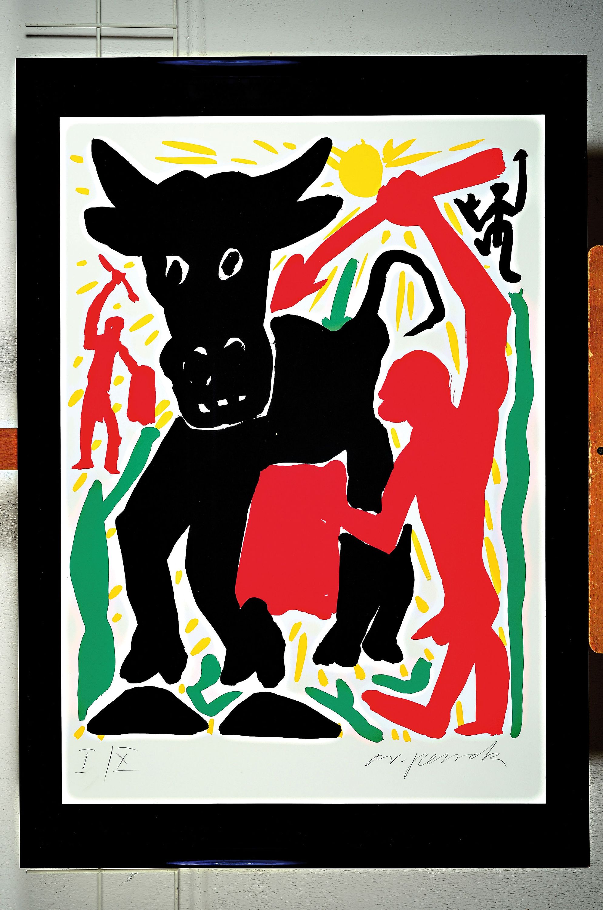 Detail k: A.R. Penck, 1939 Dresden-2017 Zürich, Flagge zeigen, Stier mit rotem Krieger, Farbsiebdruck, handsigniert und num. I/X, Blattgr. ca. 84x59cm, u.Gl., ...