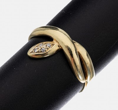 Image 14 kt Gold Brillant-Ring, GG 585/000, stil.Schlange, Kopf mit 4 kl. Brillanten, RW 56, ...