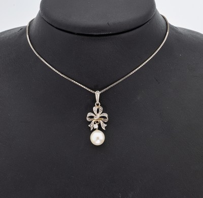 Image 18 kt Gold Diamant-Perl-Anhänger, GG 750/000, schauseitig Platin, Schleife, ...
