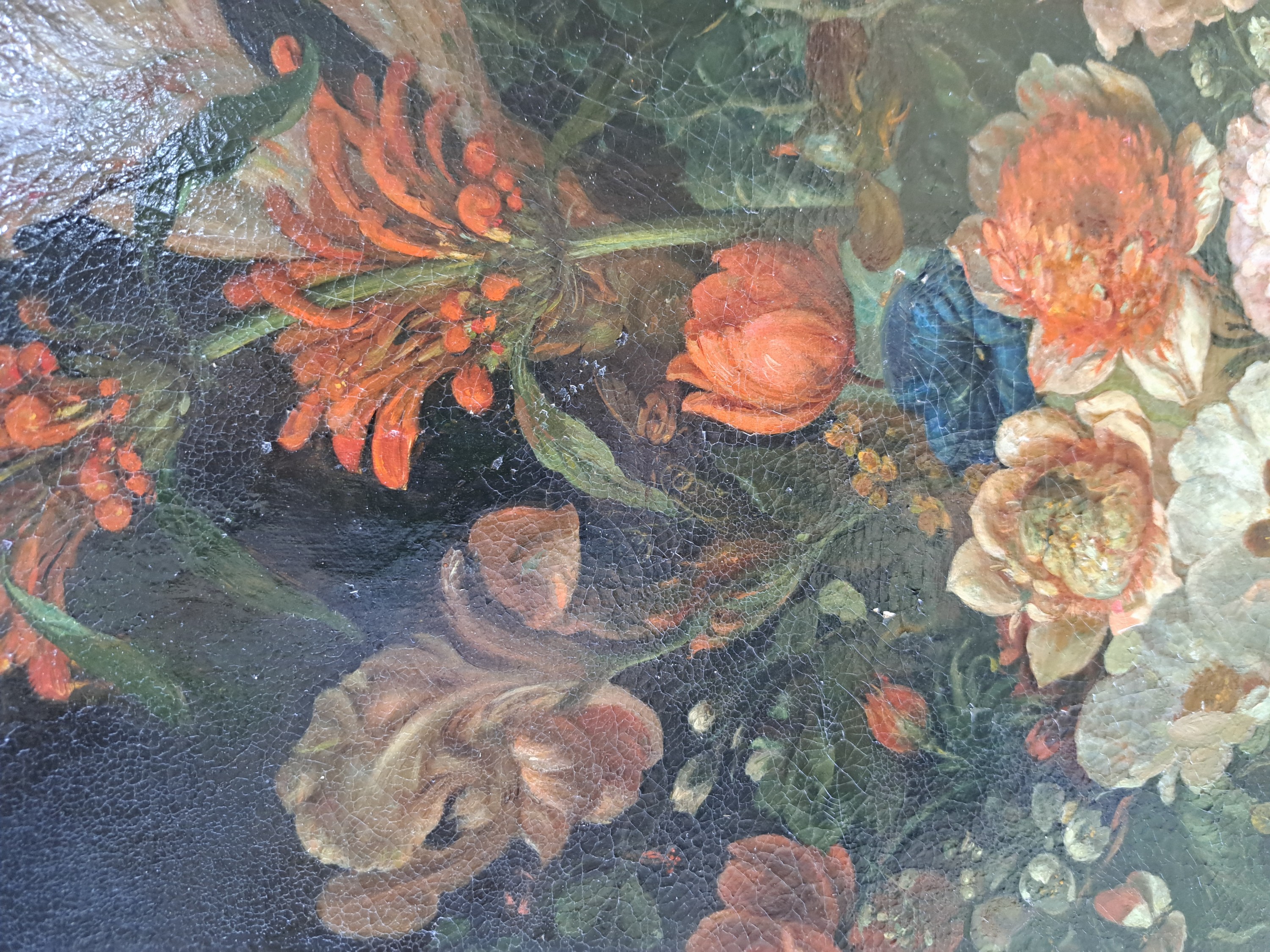 Detail c: Barocker Altmeister, 17./18. Jh., Blumenstück mit Schmetterling, feine lasierende Malerei, hohe Stofflichkeit, krakeliert, alt restauriert, ...