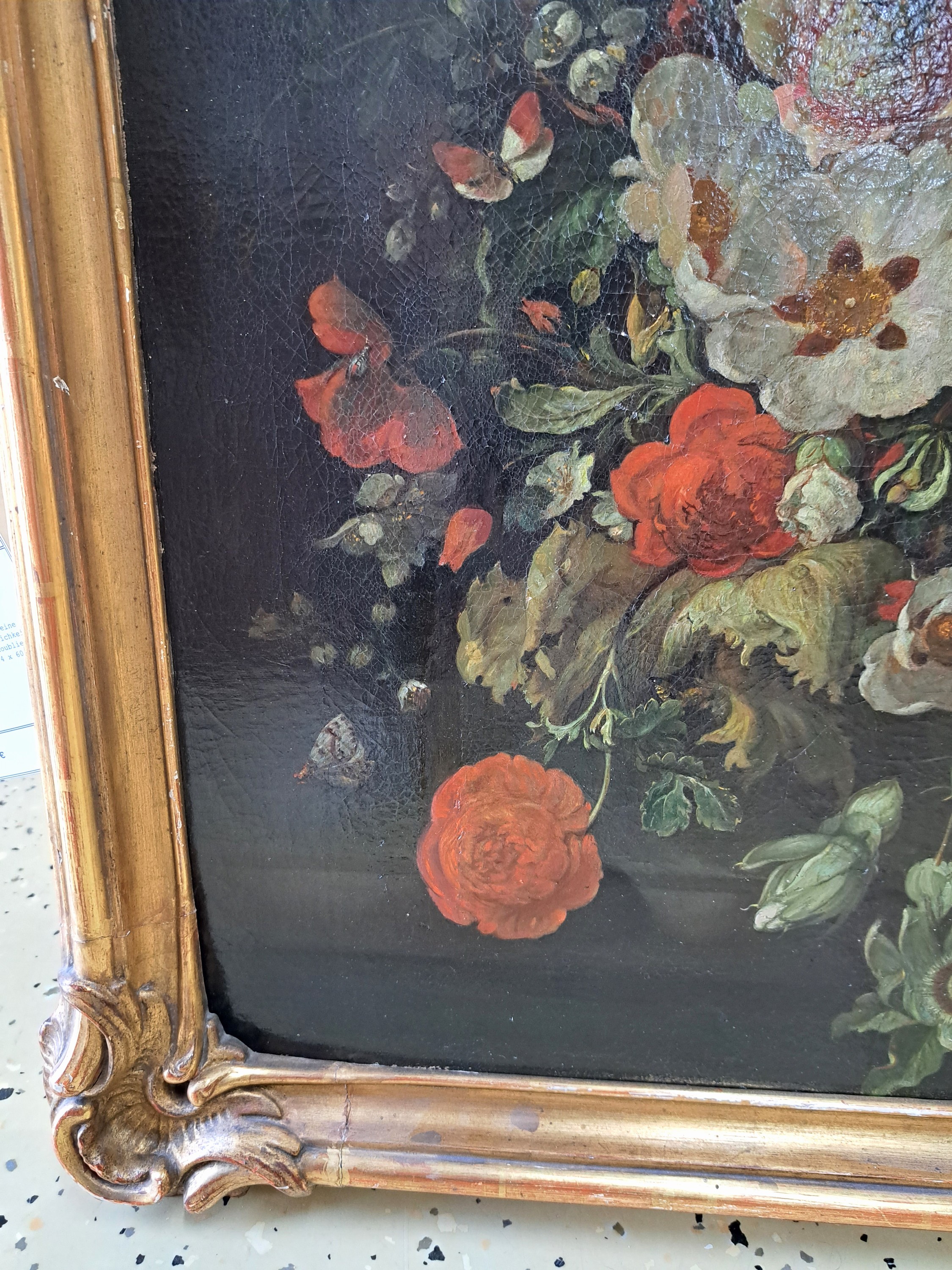 Detail e: Barocker Altmeister, 17./18. Jh., Blumenstück mit Schmetterling, feine lasierende Malerei, hohe Stofflichkeit, krakeliert, alt restauriert, ...